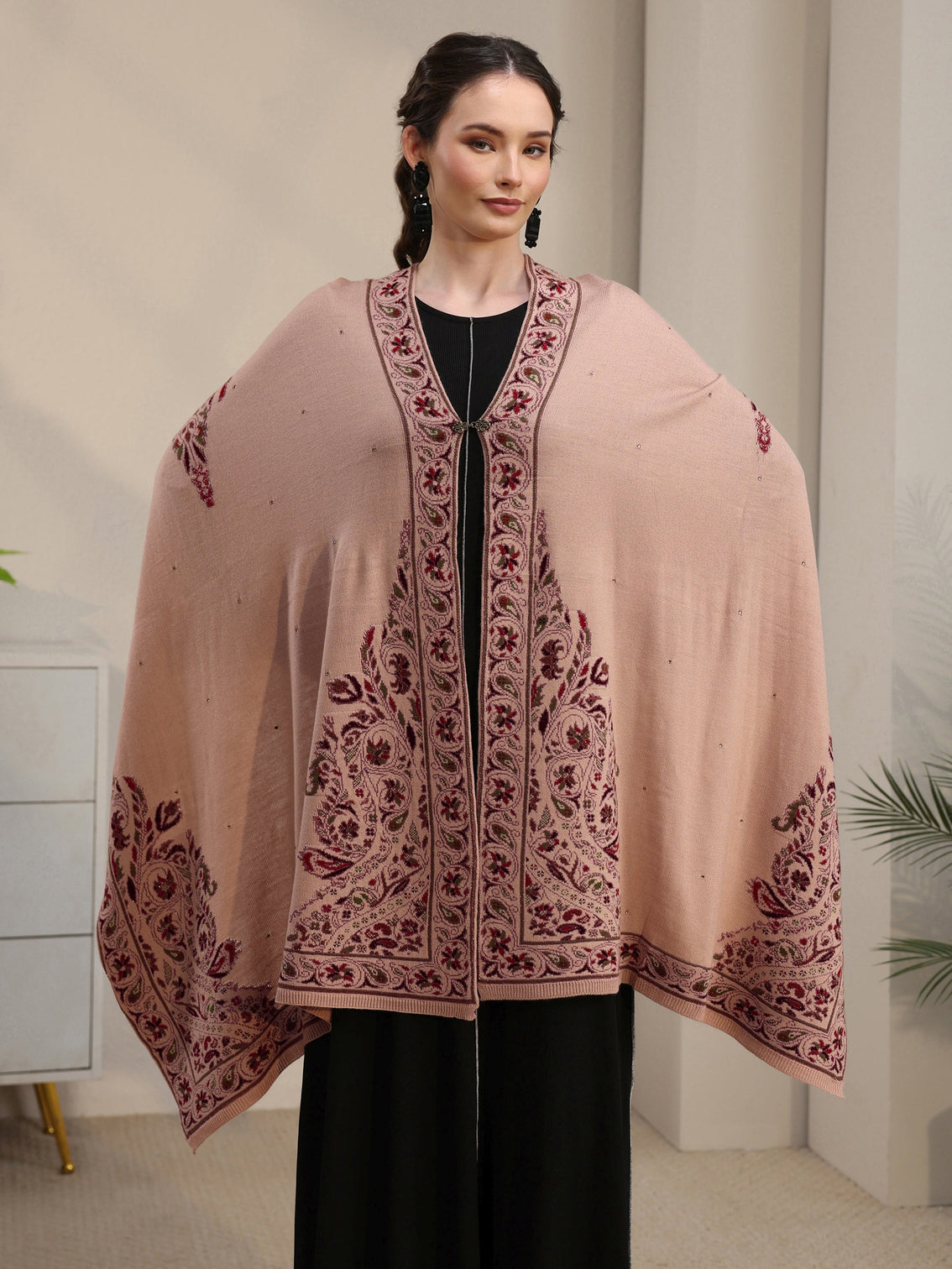 Mameraa Beige Floral Knitted Acrylic Wrap Shawl