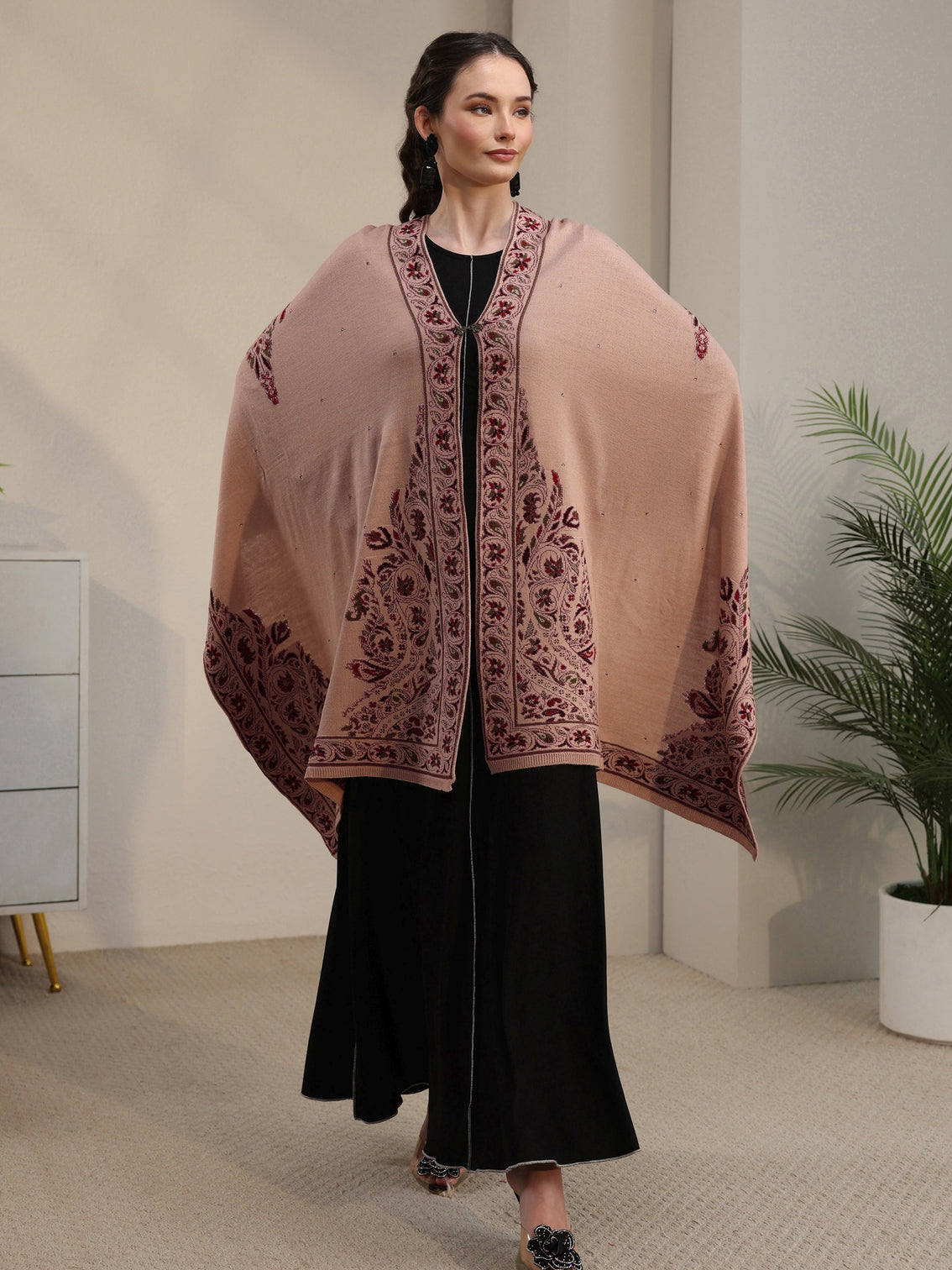 Mameraa Beige Floral Knitted Acrylic Wrap Shawl
