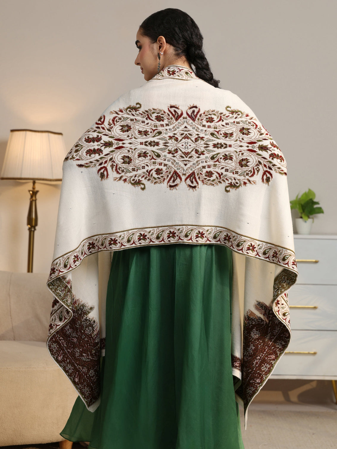 Mameraa White Floral Knitted Acrylic Wrap Shawl