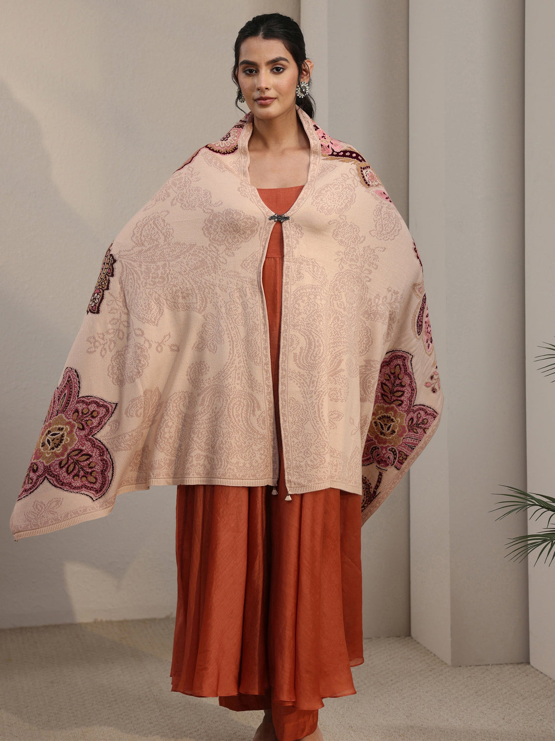 Mameraa Beige Floral Knitted Acrylic Wrap Shawl