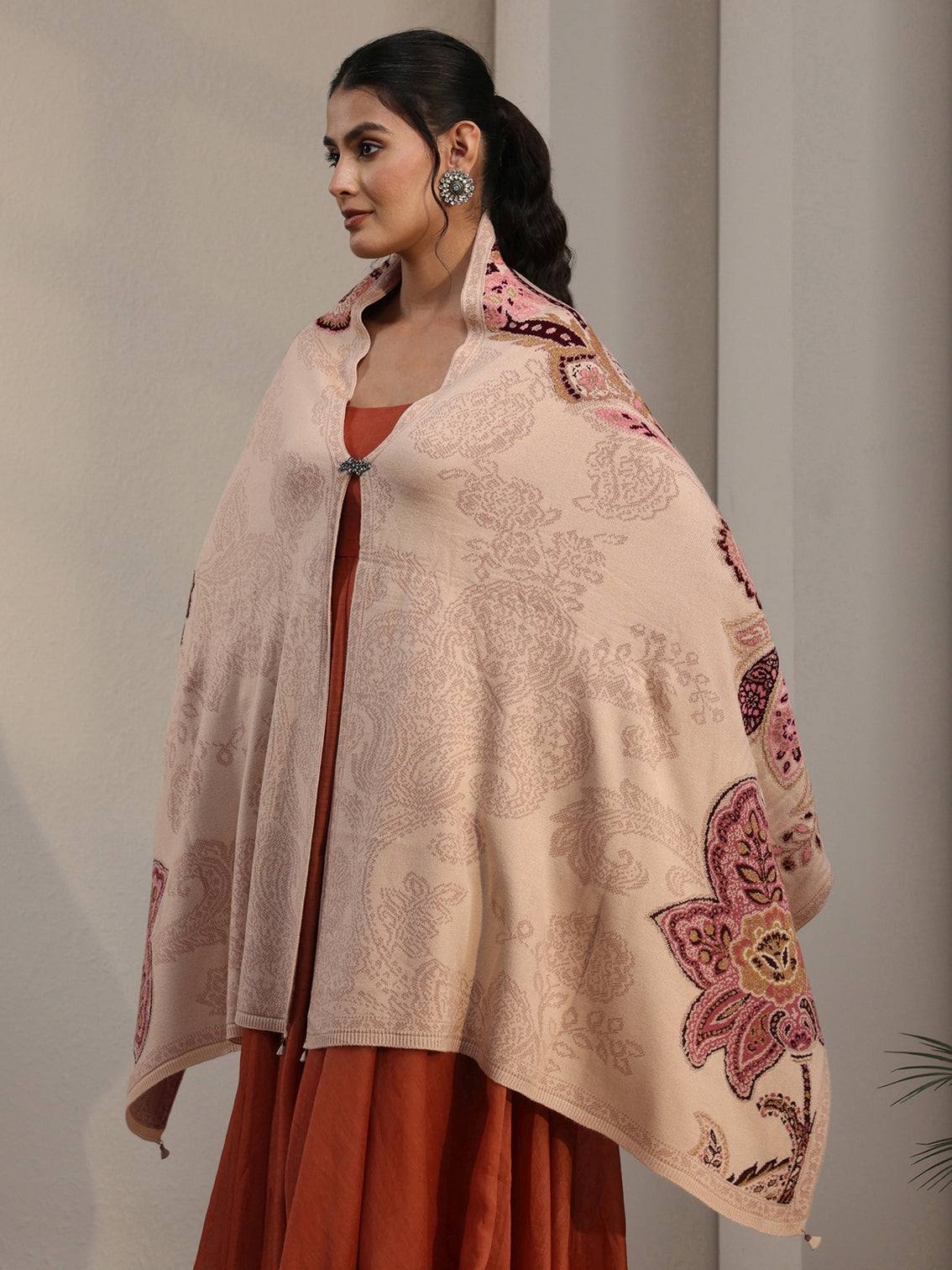 Mameraa Beige Floral Knitted Acrylic Wrap Shawl