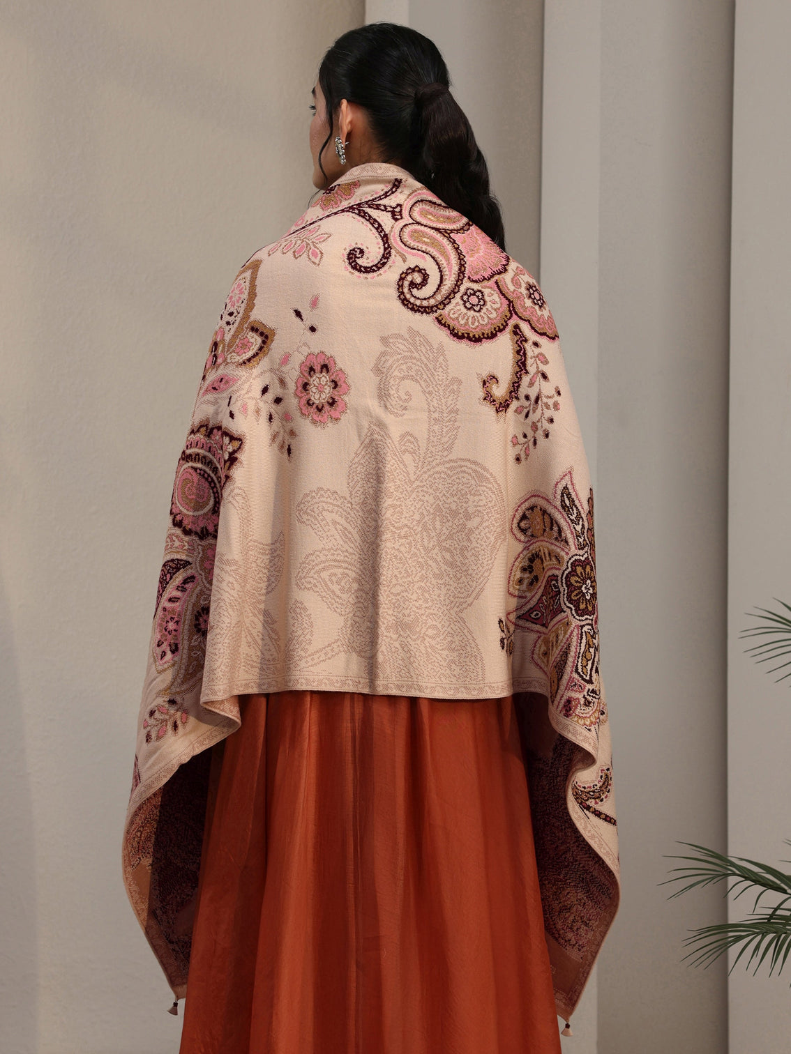 Mameraa Beige Floral Knitted Acrylic Wrap Shawl