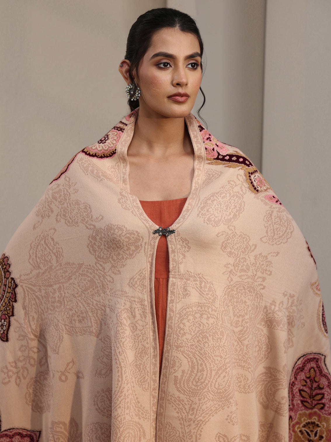 Mameraa Beige Floral Knitted Acrylic Wrap Shawl