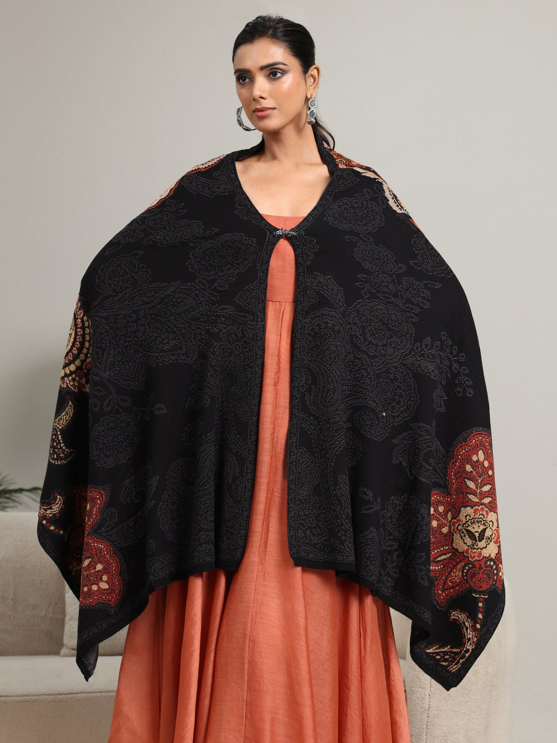 Mameraa Black Floral Knitted Acrylic Wrap Shawl