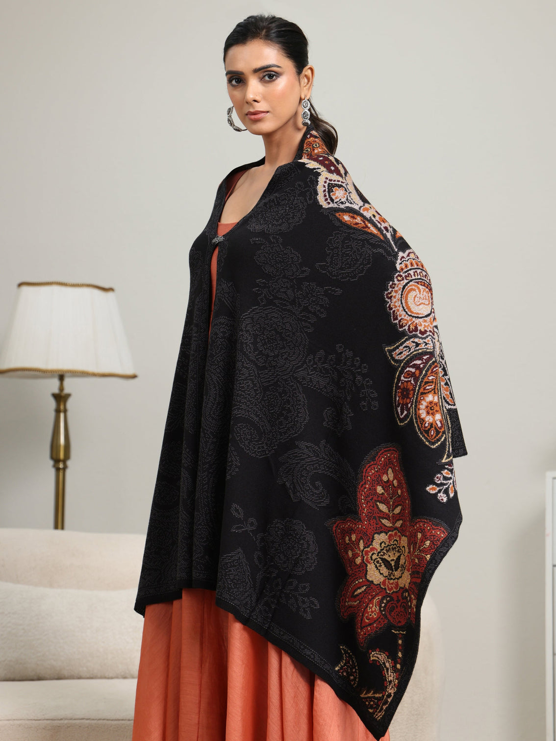 Mameraa Black Floral Knitted Acrylic Wrap Shawl