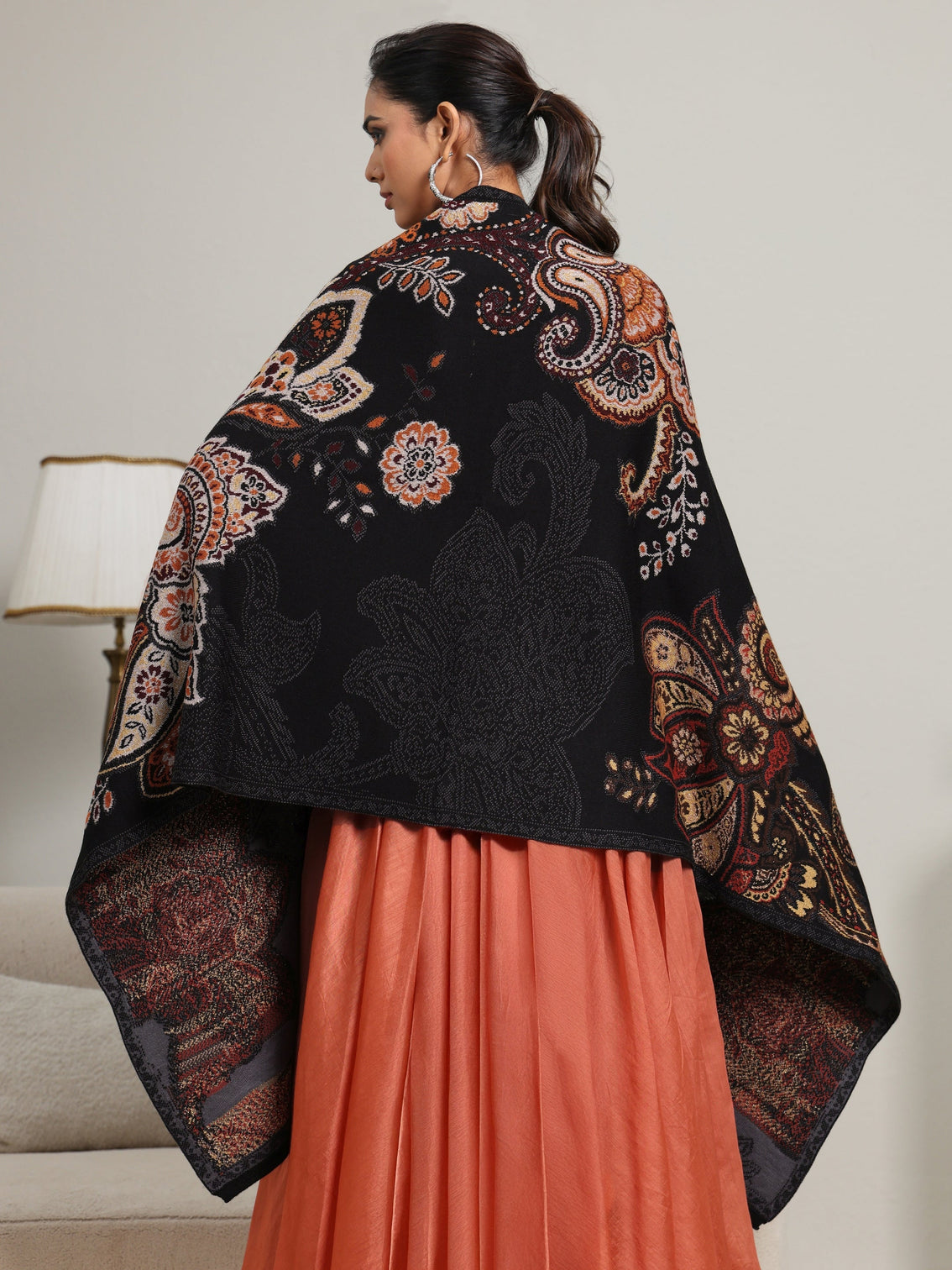 Mameraa Black Floral Knitted Acrylic Wrap Shawl