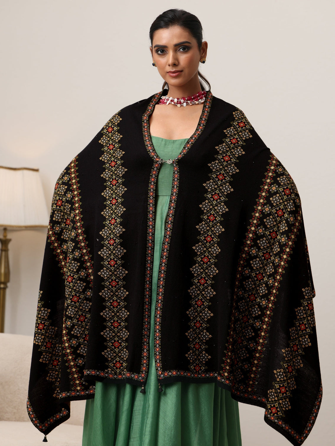 Mameraa Black Ethnic Knitted Acrylic Wrap Shawl