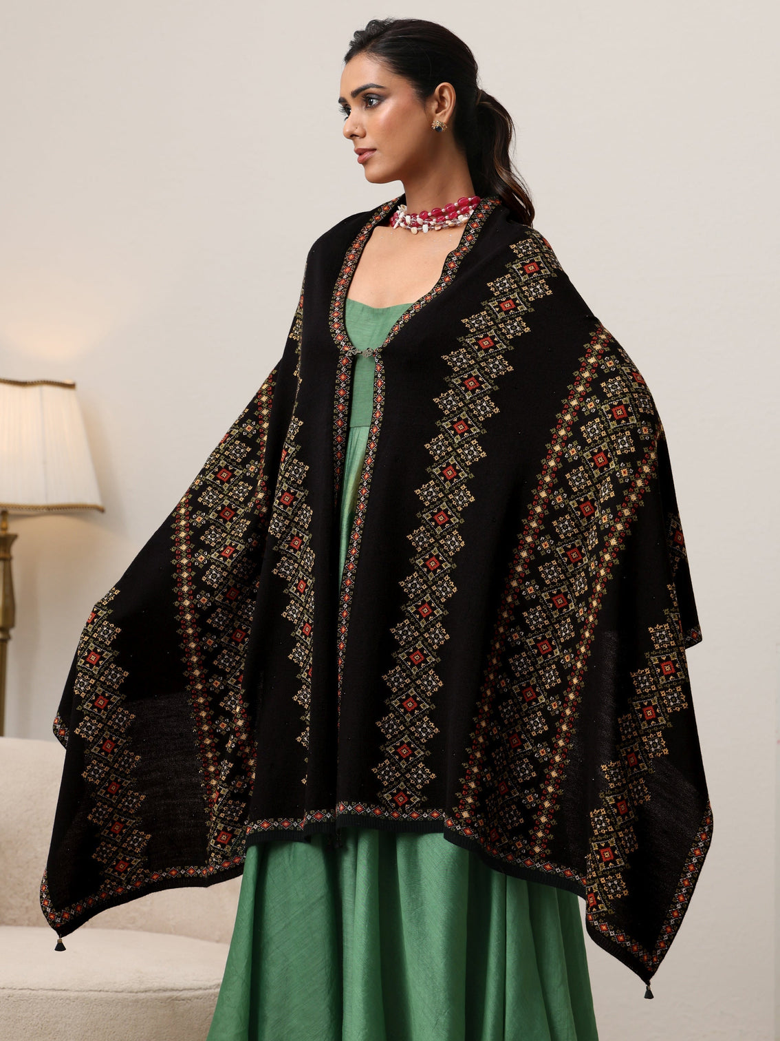 Mameraa Black Ethnic Knitted Acrylic Wrap Shawl