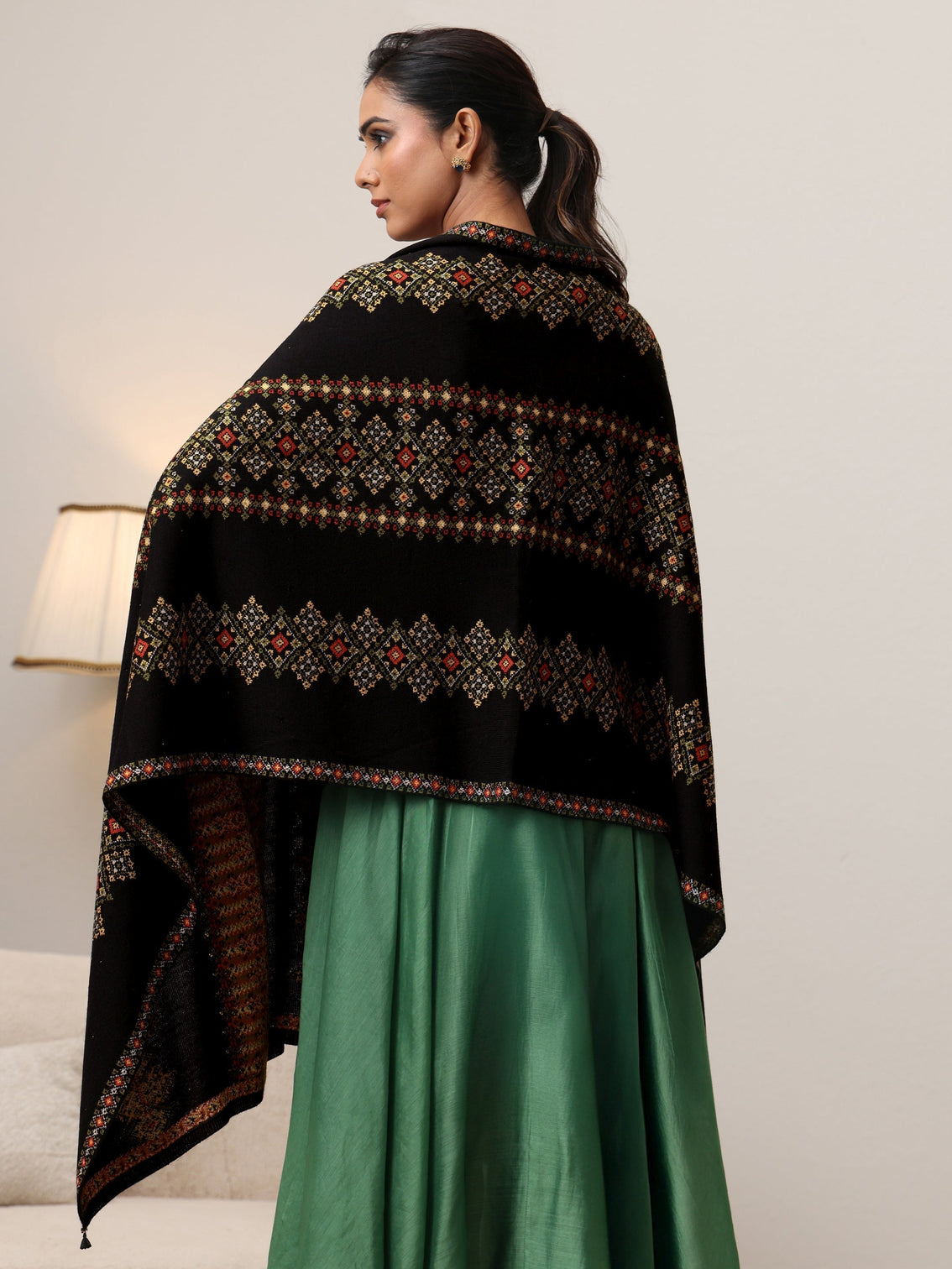 Mameraa Black Ethnic Knitted Acrylic Wrap Shawl