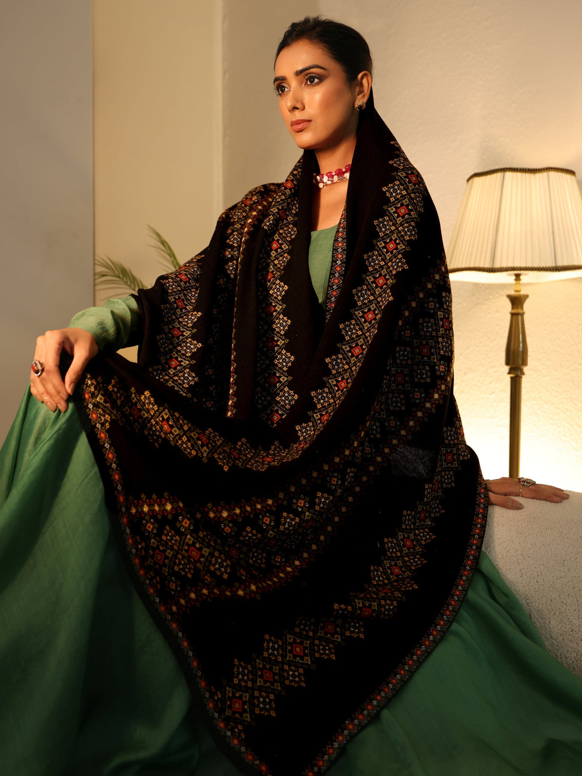Mameraa Black Ethnic Knitted Acrylic Wrap Shawl