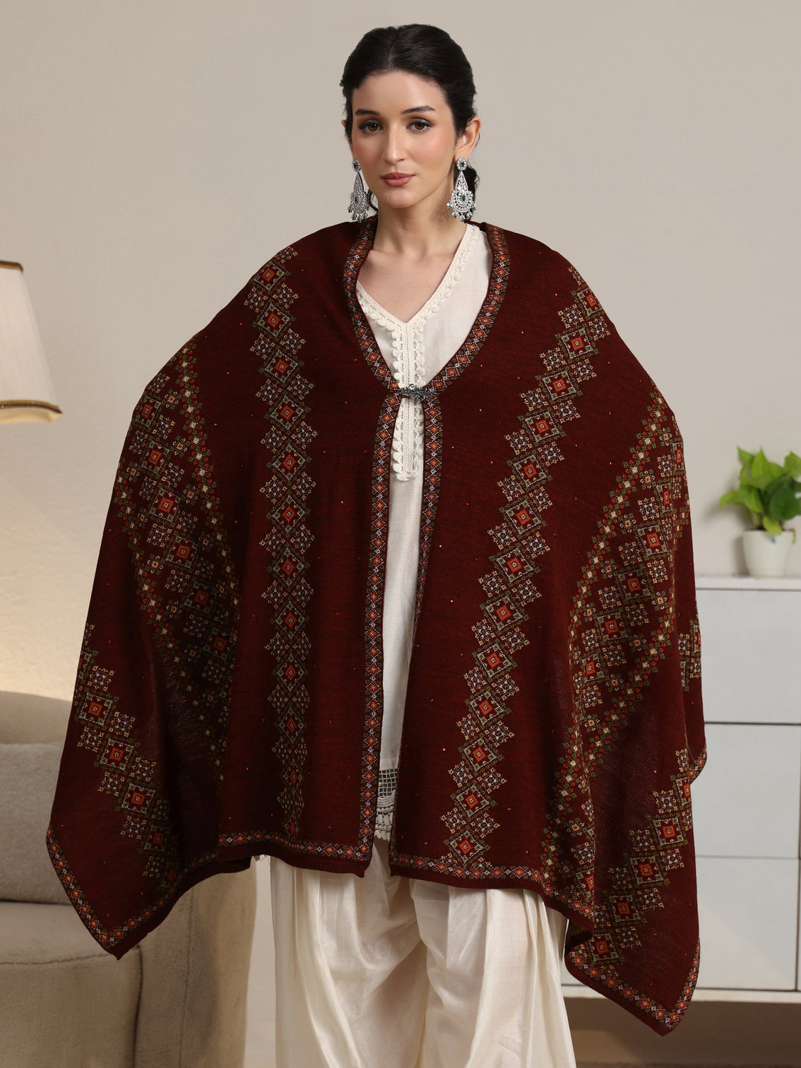Mameraa Maroon Ethnic Knitted Acrylic Wrap Shawl