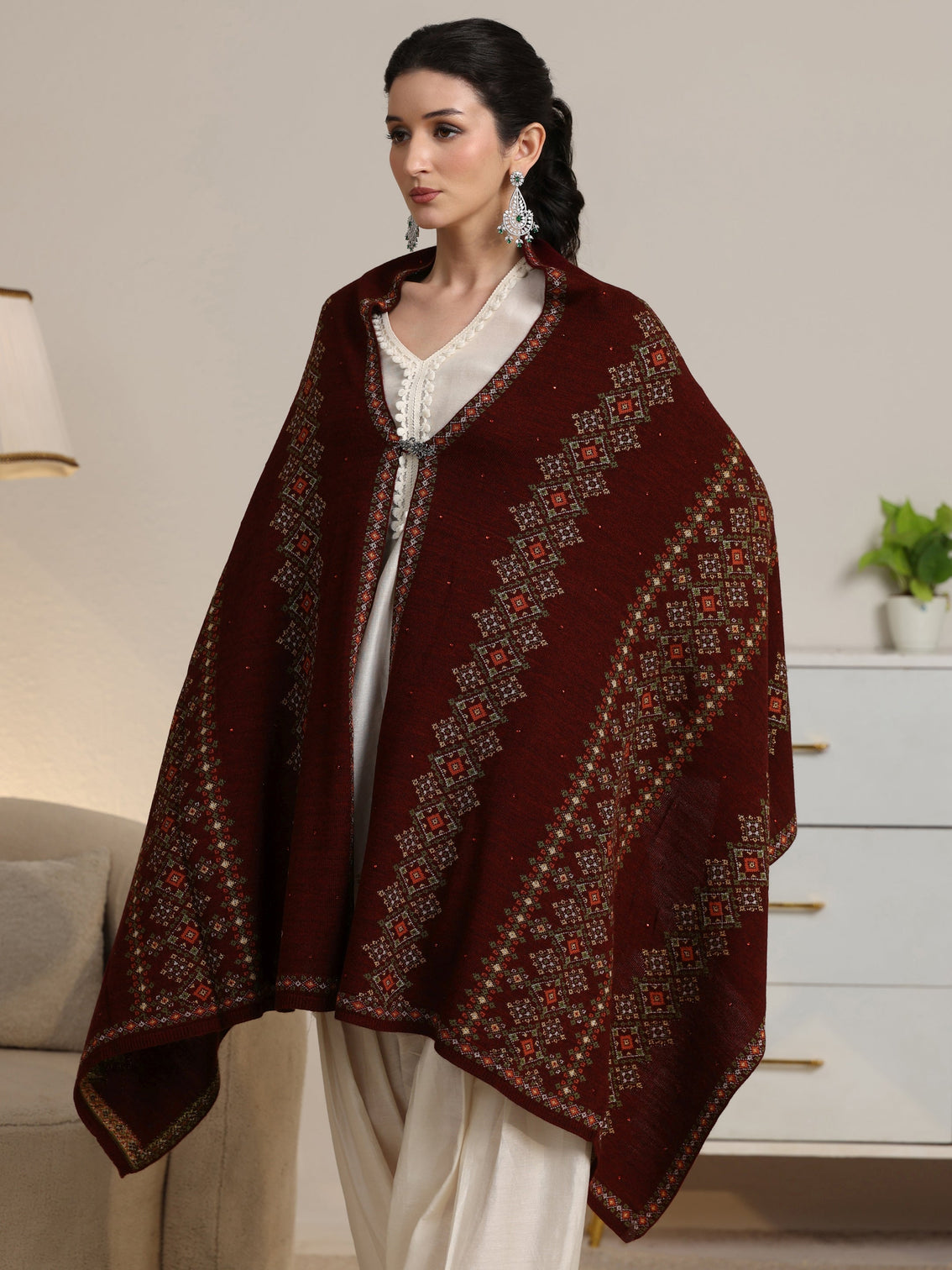 Mameraa Maroon Ethnic Knitted Acrylic Wrap Shawl