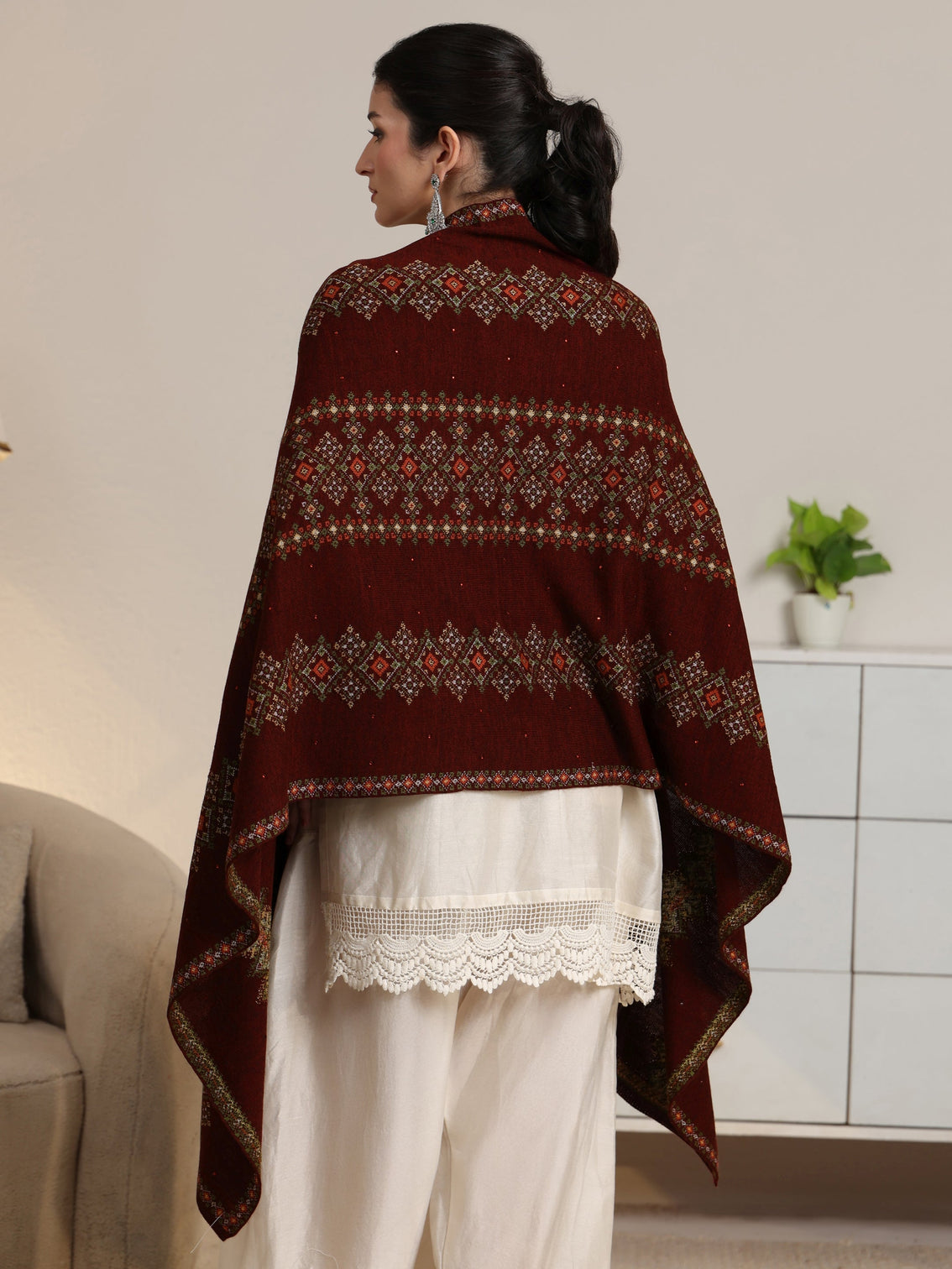 Mameraa Maroon Ethnic Knitted Acrylic Wrap Shawl