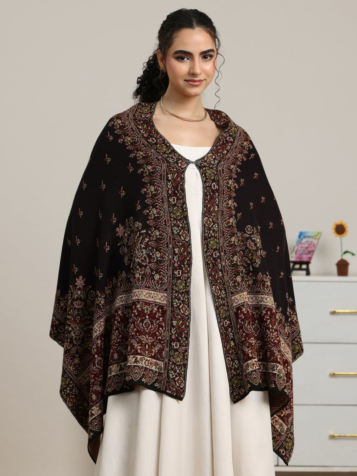 Mameraa Black Floral Knitted Acrylic Wrap Shawl