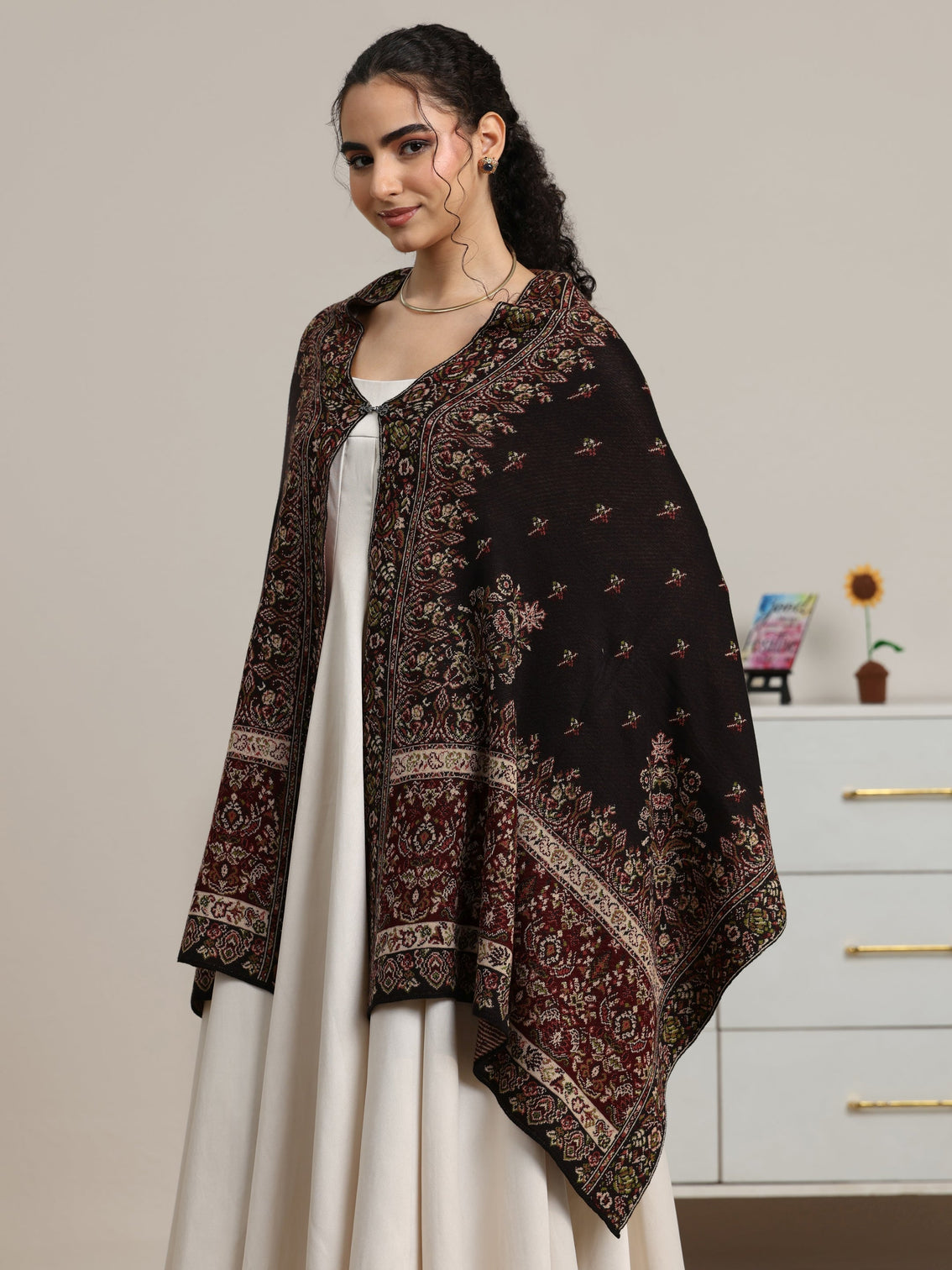 Mameraa Black Floral Knitted Acrylic Wrap Shawl