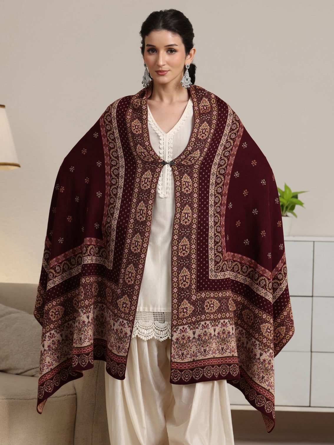 Mameraa Maroon Ethnic Knitted Acrylic Wrap Shawl