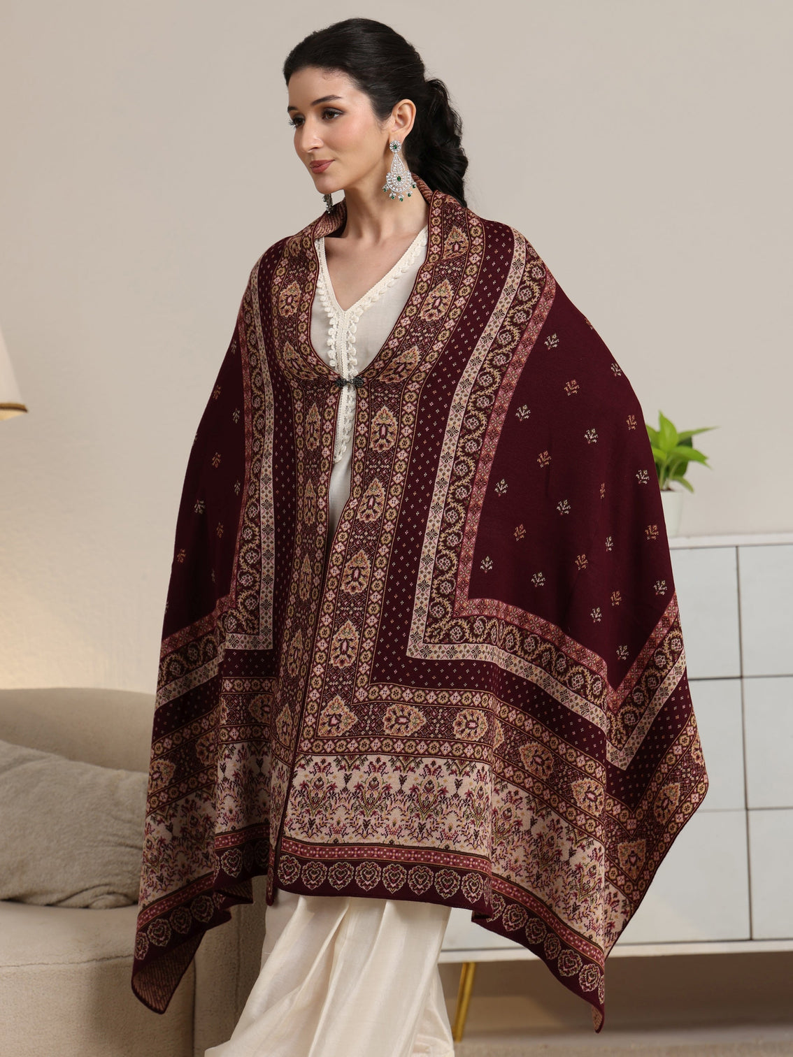 Mameraa Maroon Ethnic Knitted Acrylic Wrap Shawl