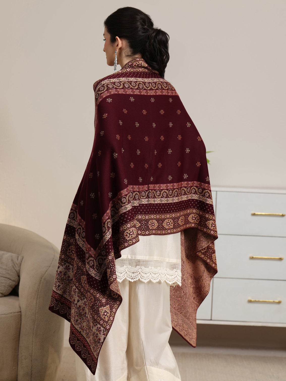 Mameraa Maroon Ethnic Knitted Acrylic Wrap Shawl