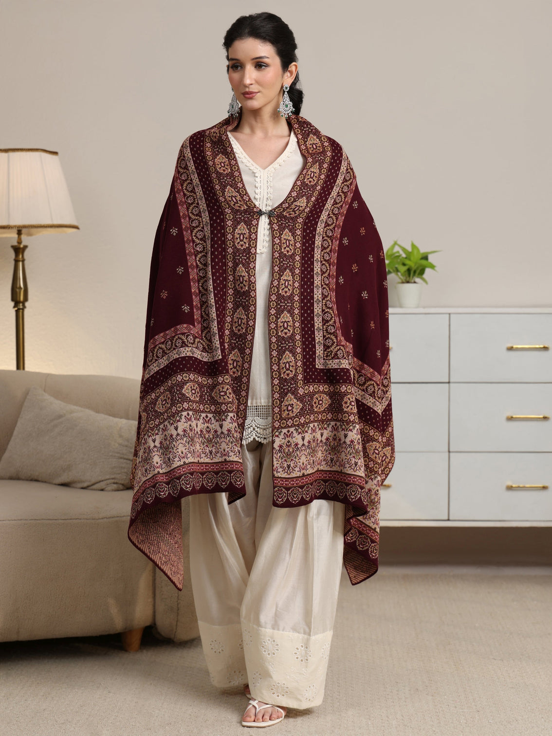 Mameraa Maroon Ethnic Knitted Acrylic Wrap Shawl