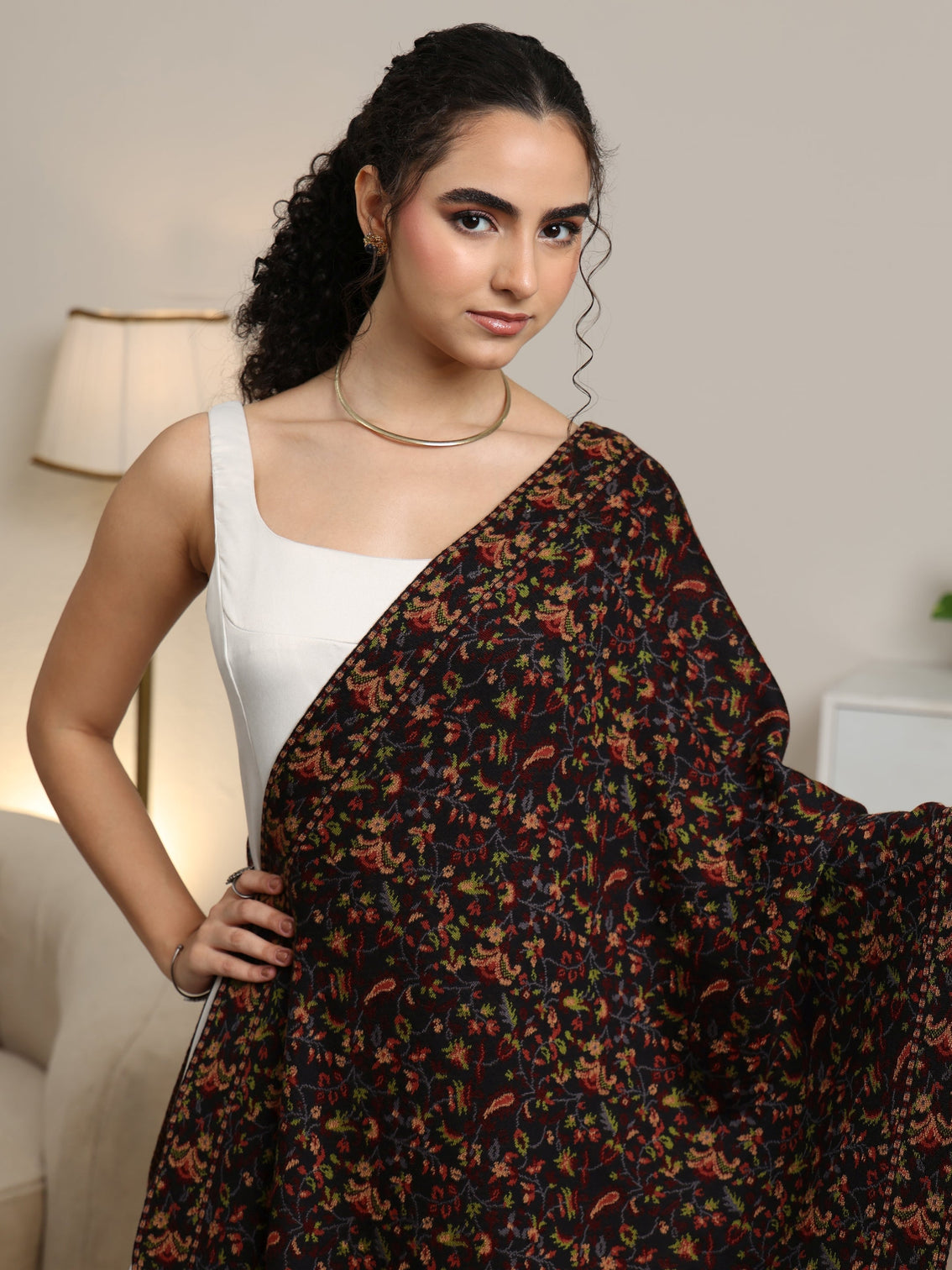 Mameraa Black Floral Knitted Acrylic Shawl