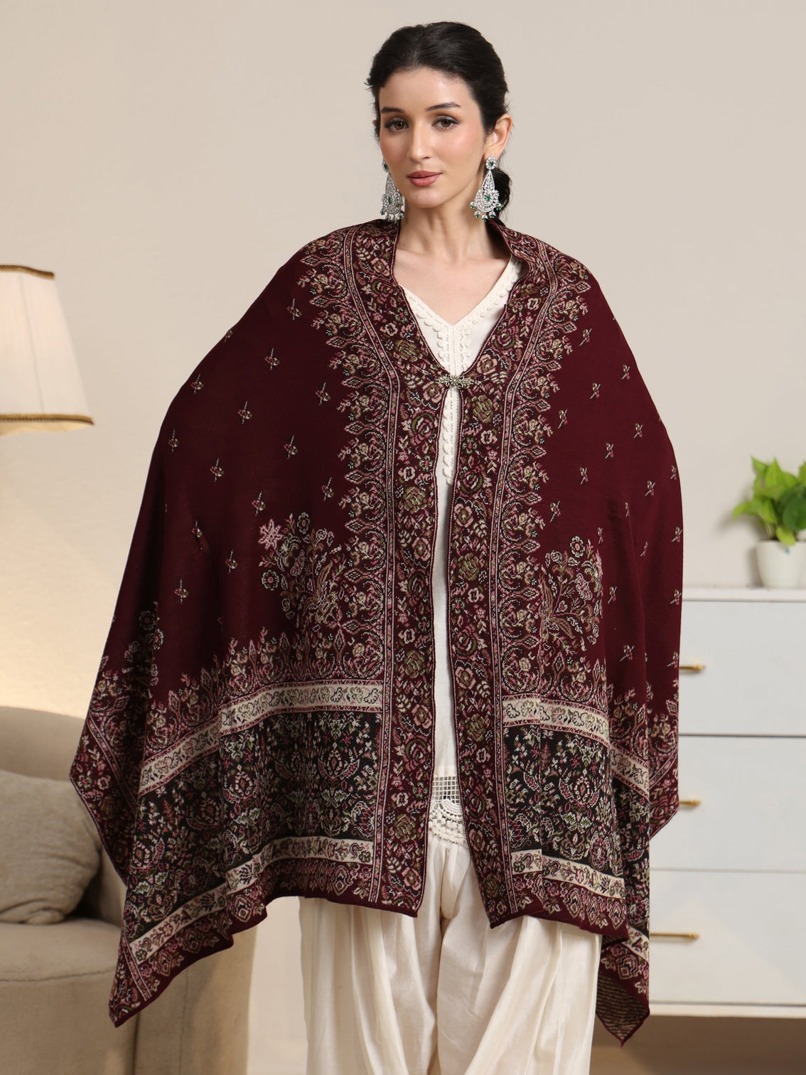 Mameraa Maroon Floral Knitted Acrylic Wrap Shawl