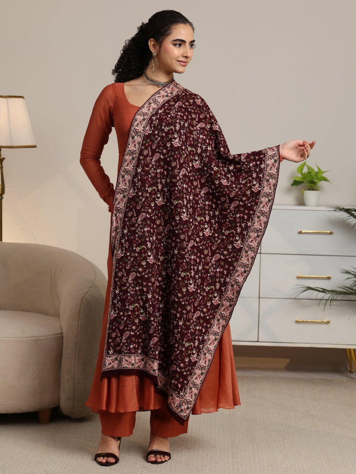 Mameraa Maroon Floral Knitted Acrylic Shawl
