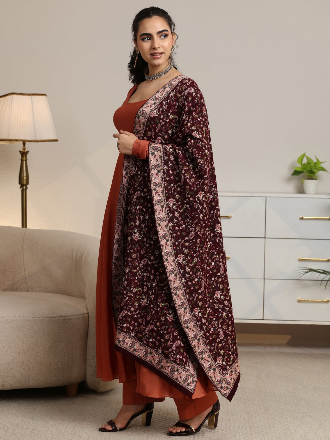 Mameraa Maroon Floral Knitted Acrylic Shawl