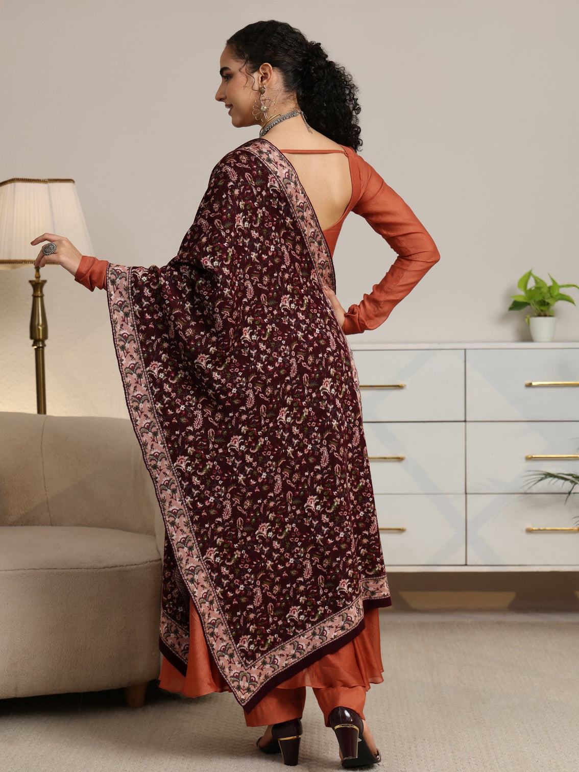 Mameraa Maroon Floral Knitted Acrylic Shawl