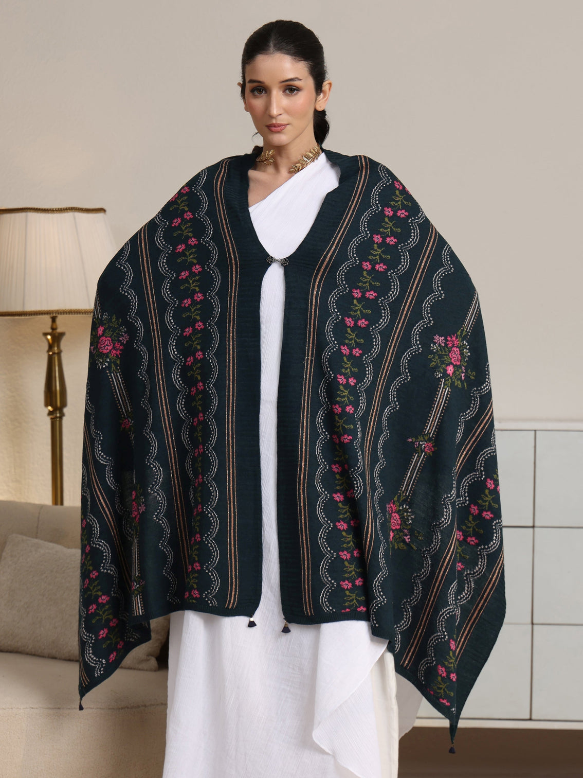 Mameraa Teal Blue Floral Knitted Acrylic Wrap Shawl