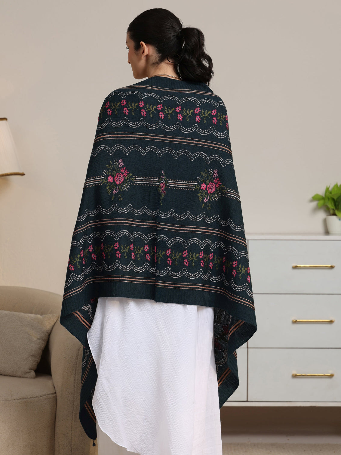 Mameraa Teal Blue Floral Knitted Acrylic Wrap Shawl