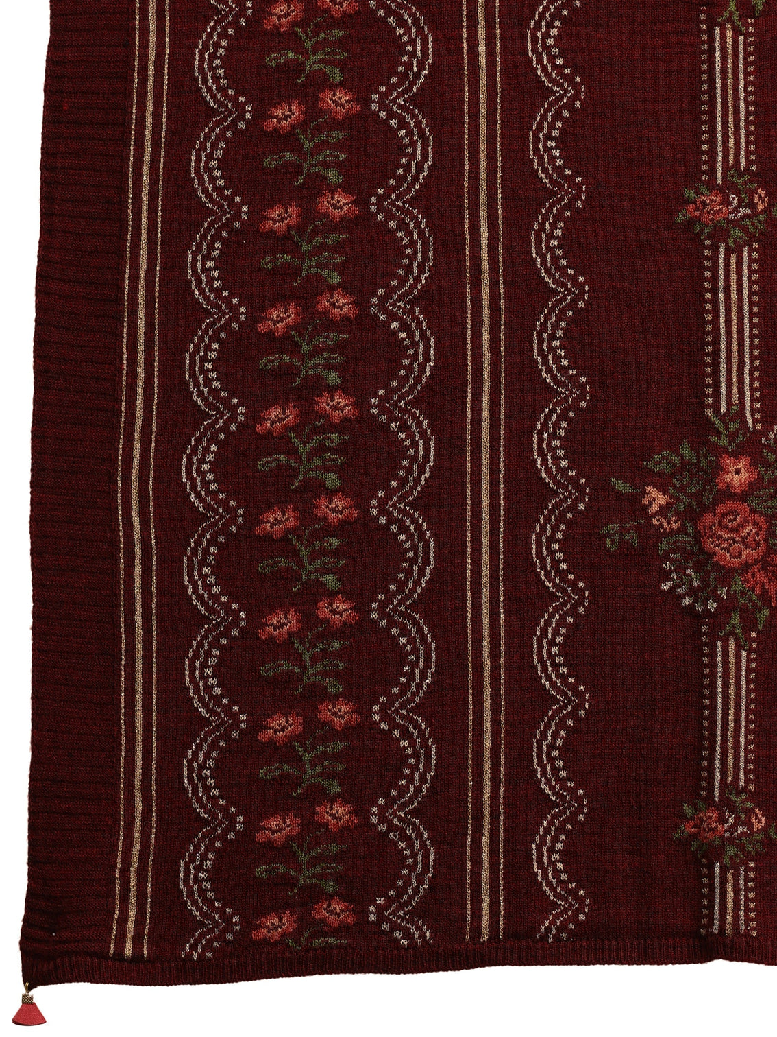 Mameraa Maroon Floral Knitted Acrylic Wrap Shawl