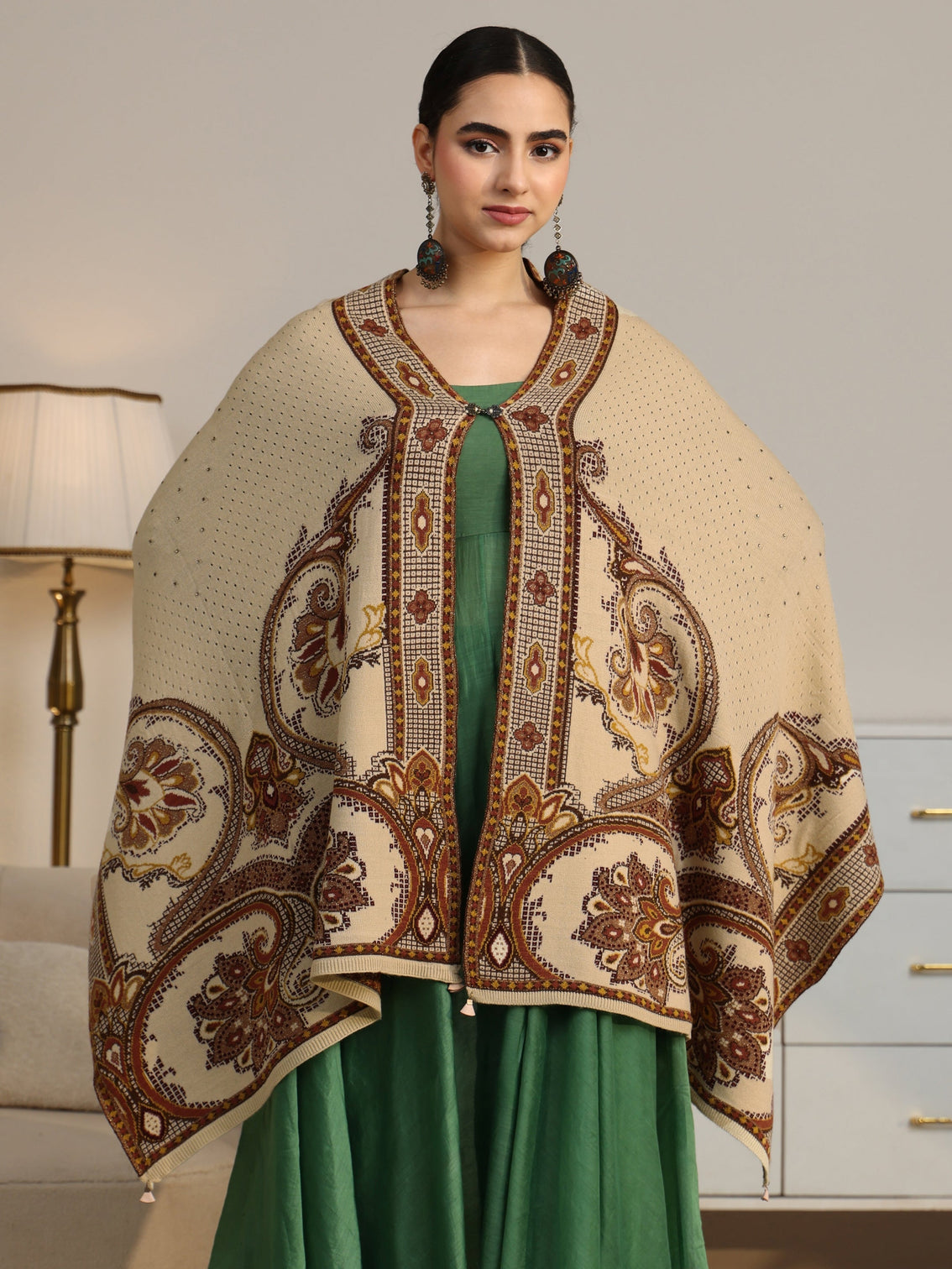 Mameraa Beige Knitted Acrylic Wrap Shawl