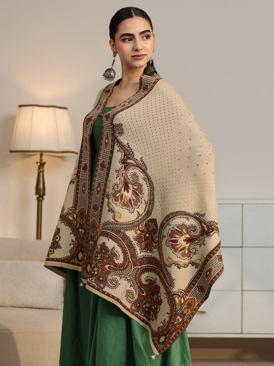 Mameraa Beige Knitted Acrylic Wrap Shawl