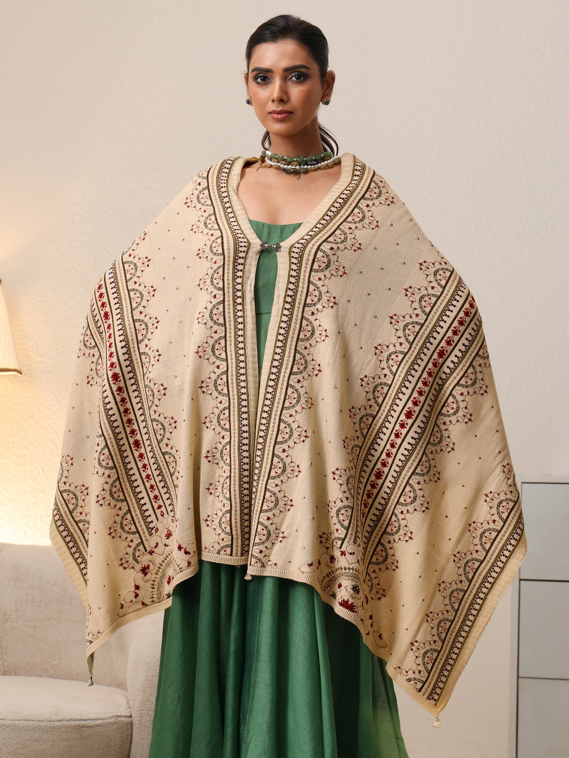 Mameraa Off White Ethnic Knitted Acrylic Wrap Shawl