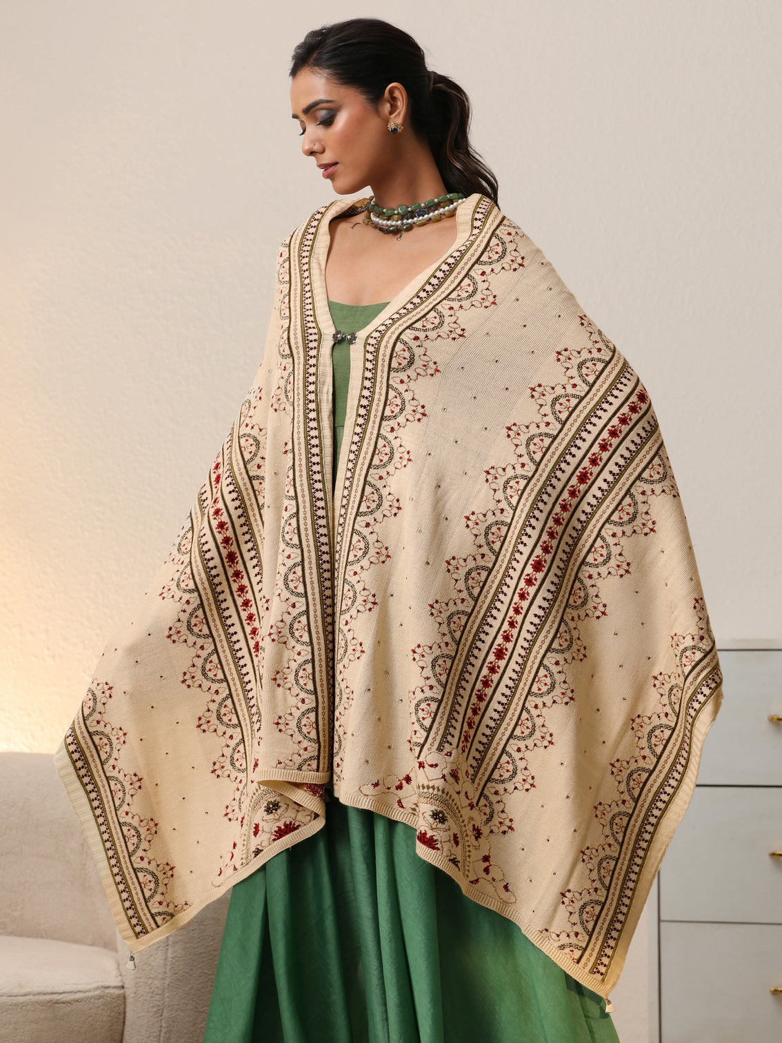 Mameraa Off White Ethnic Knitted Acrylic Wrap Shawl