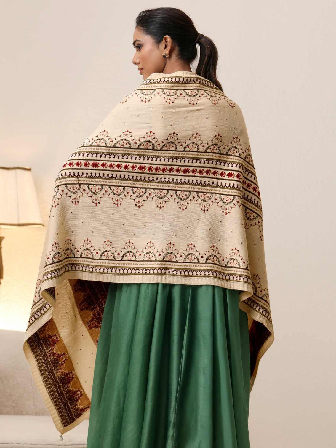 Mameraa Off White Ethnic Knitted Acrylic Wrap Shawl