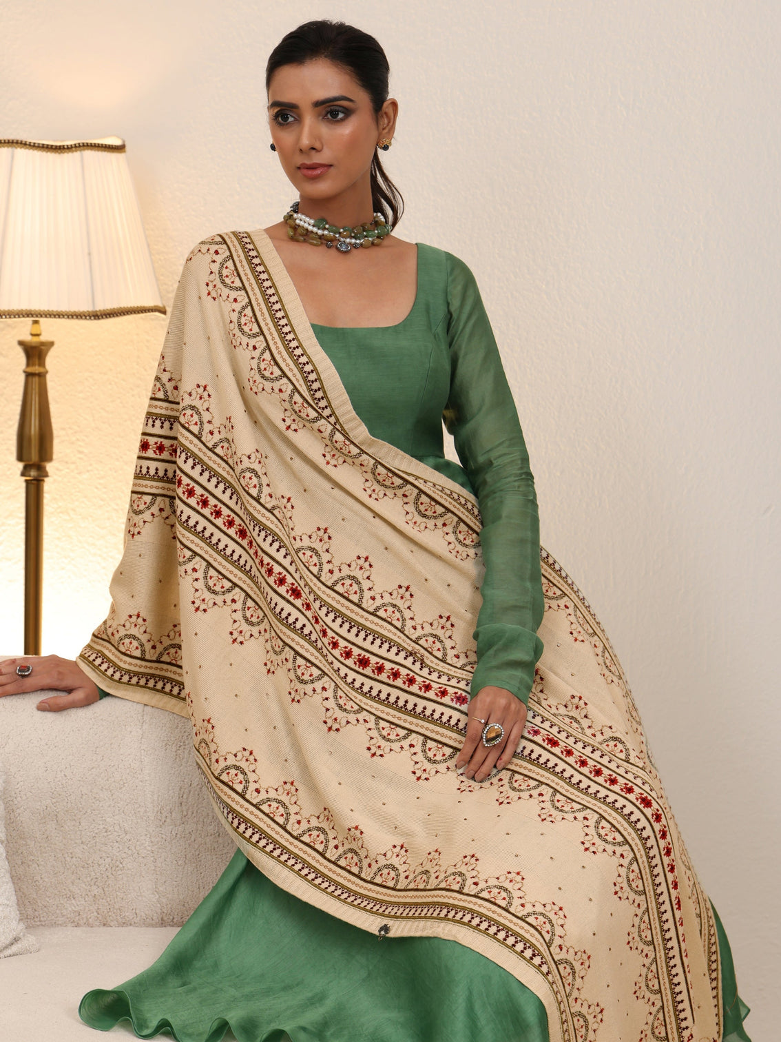 Mameraa Off White Ethnic Knitted Acrylic Wrap Shawl