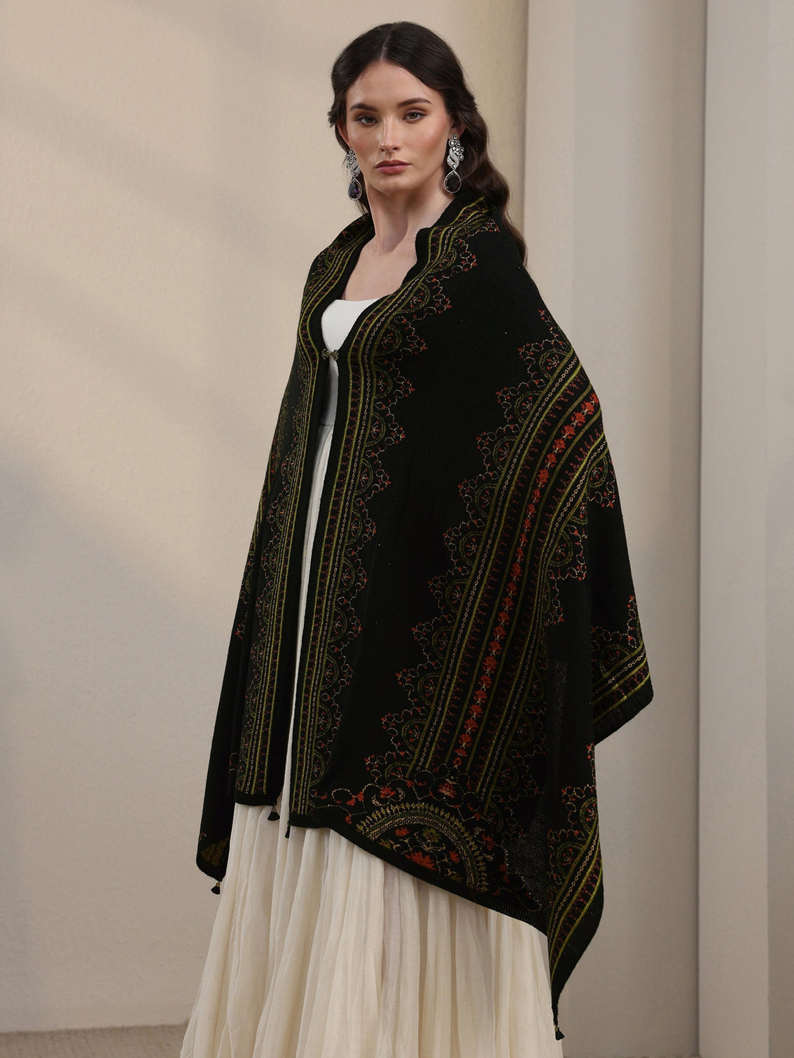 Mameraa Black Ethnic Knitted Acrylic Wrap Shawl