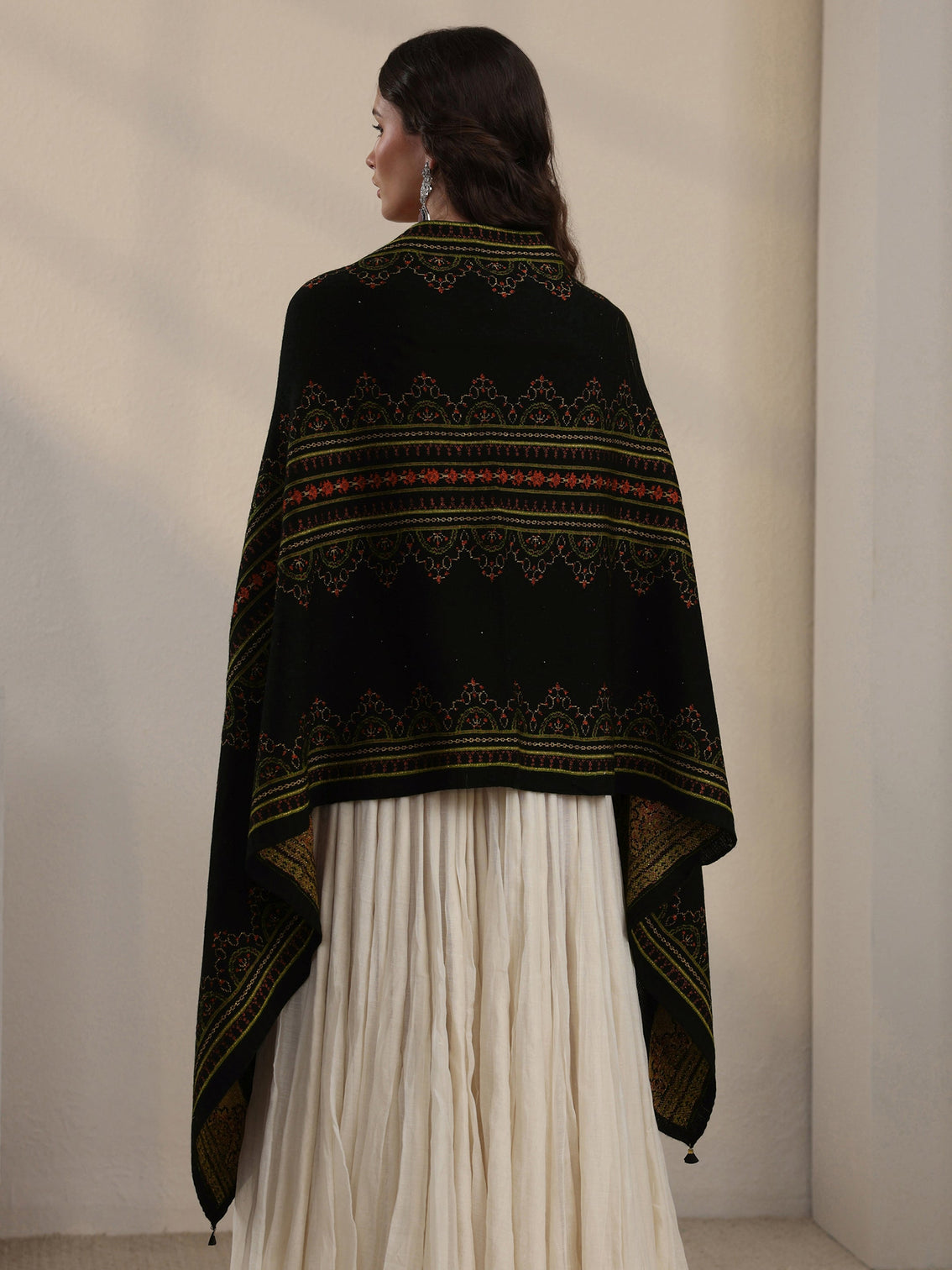 Mameraa Black Ethnic Knitted Acrylic Wrap Shawl