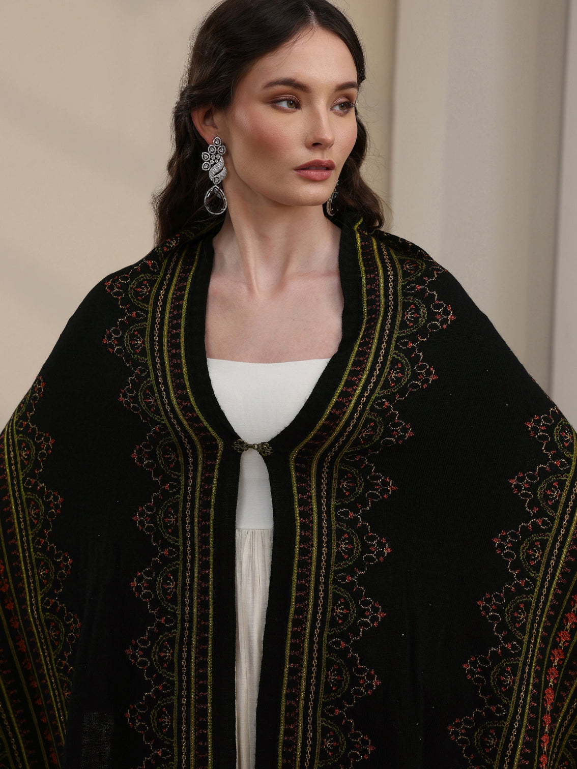 Mameraa Black Ethnic Knitted Acrylic Wrap Shawl