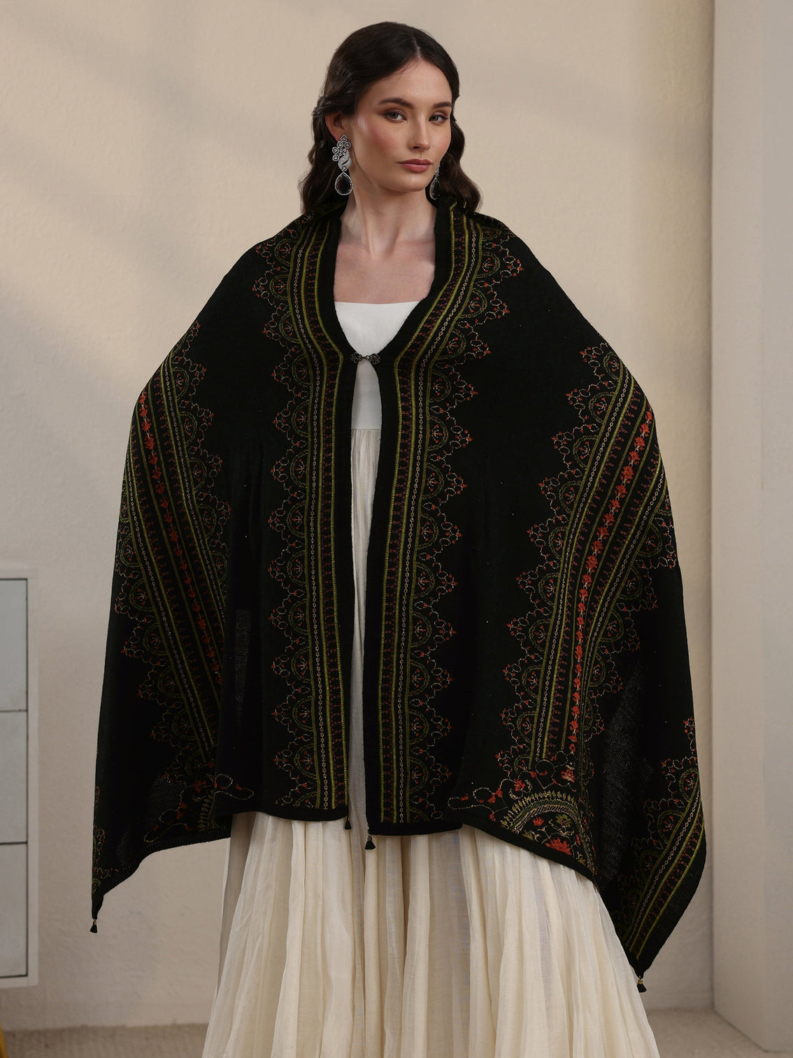 Mameraa Black Ethnic Knitted Acrylic Wrap Shawl