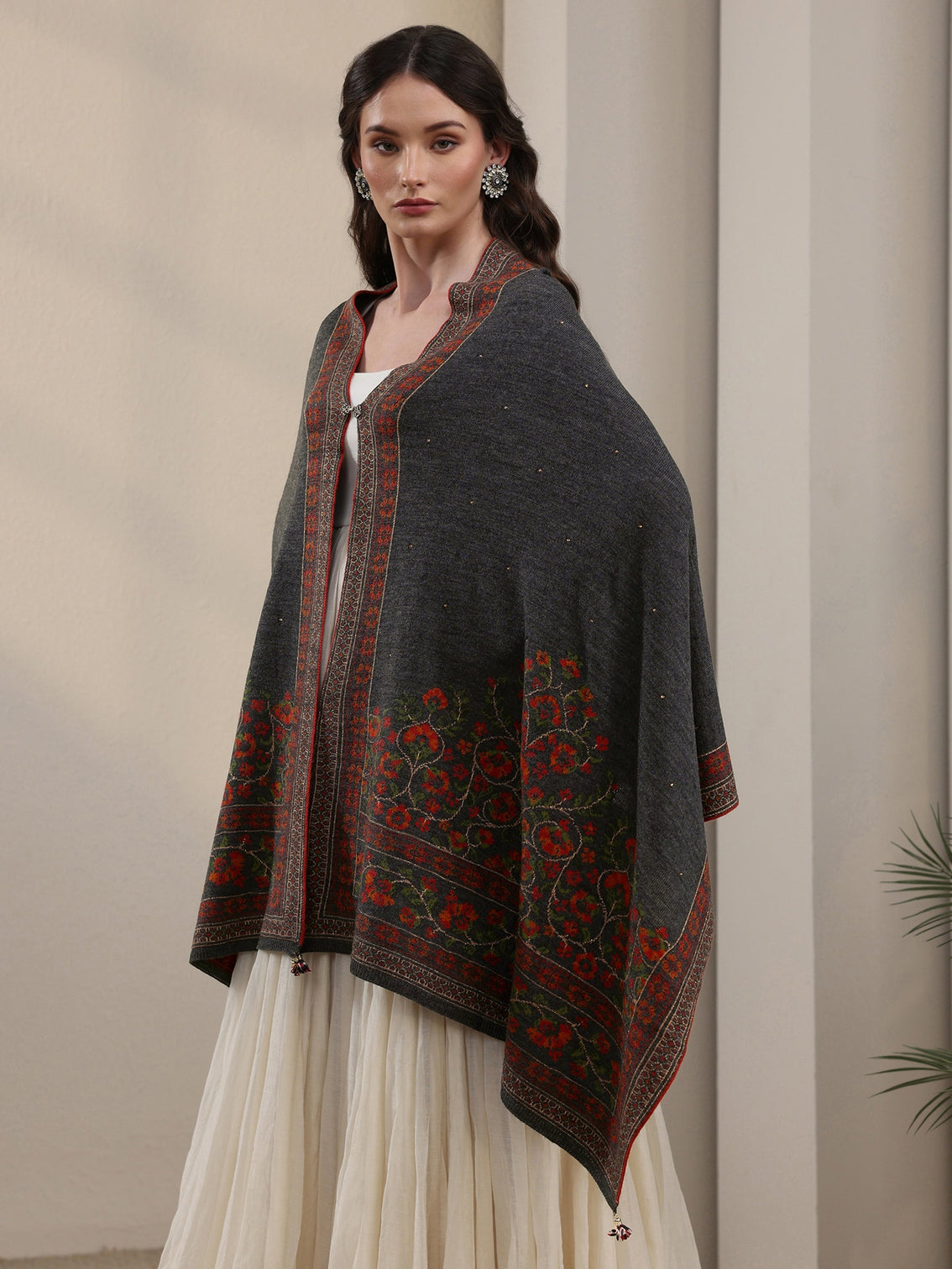 Mameraa Dark Grey Floral Knitted Acrylic Wrap Shawl