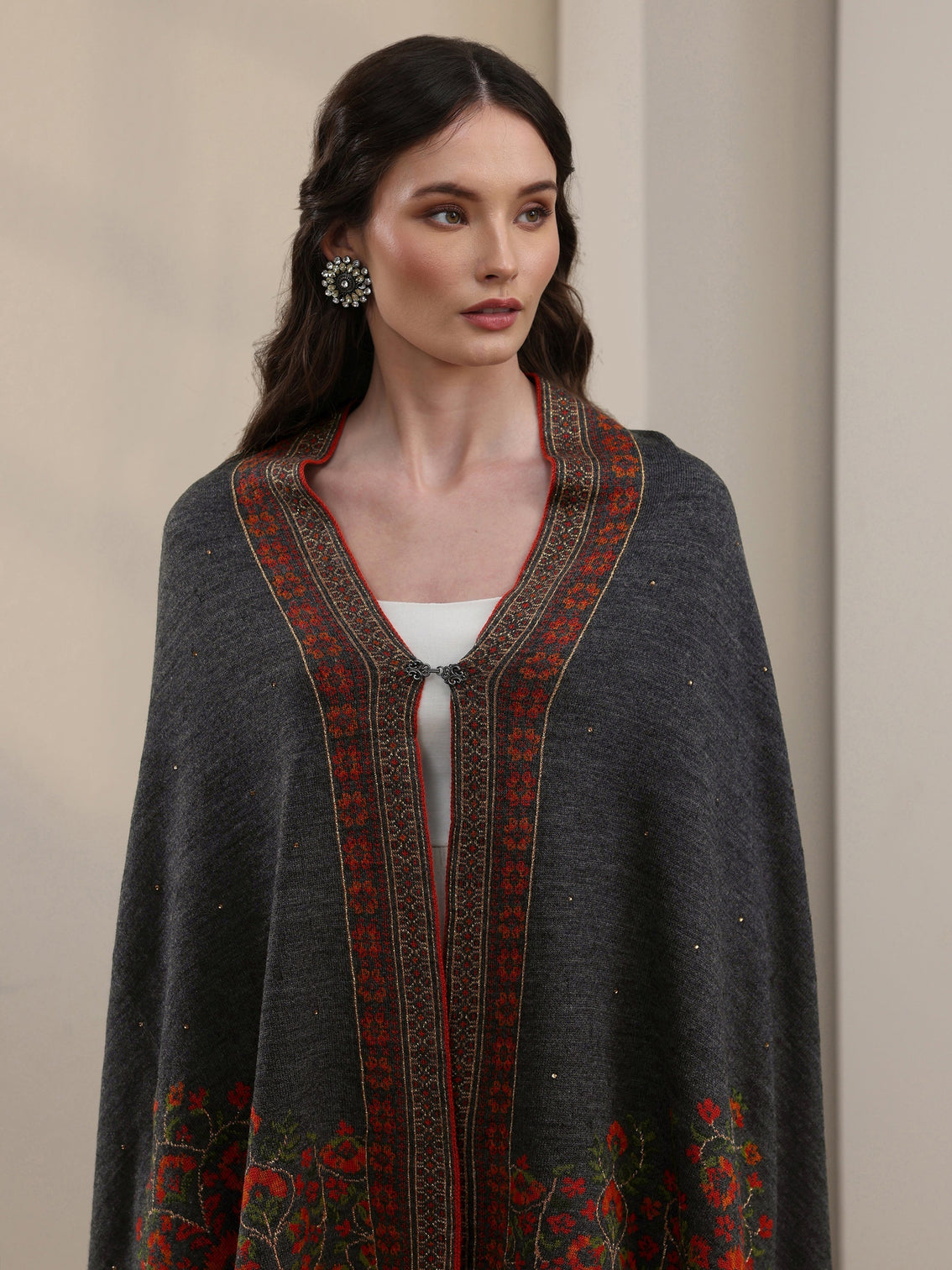 Mameraa Dark Grey Floral Knitted Acrylic Wrap Shawl