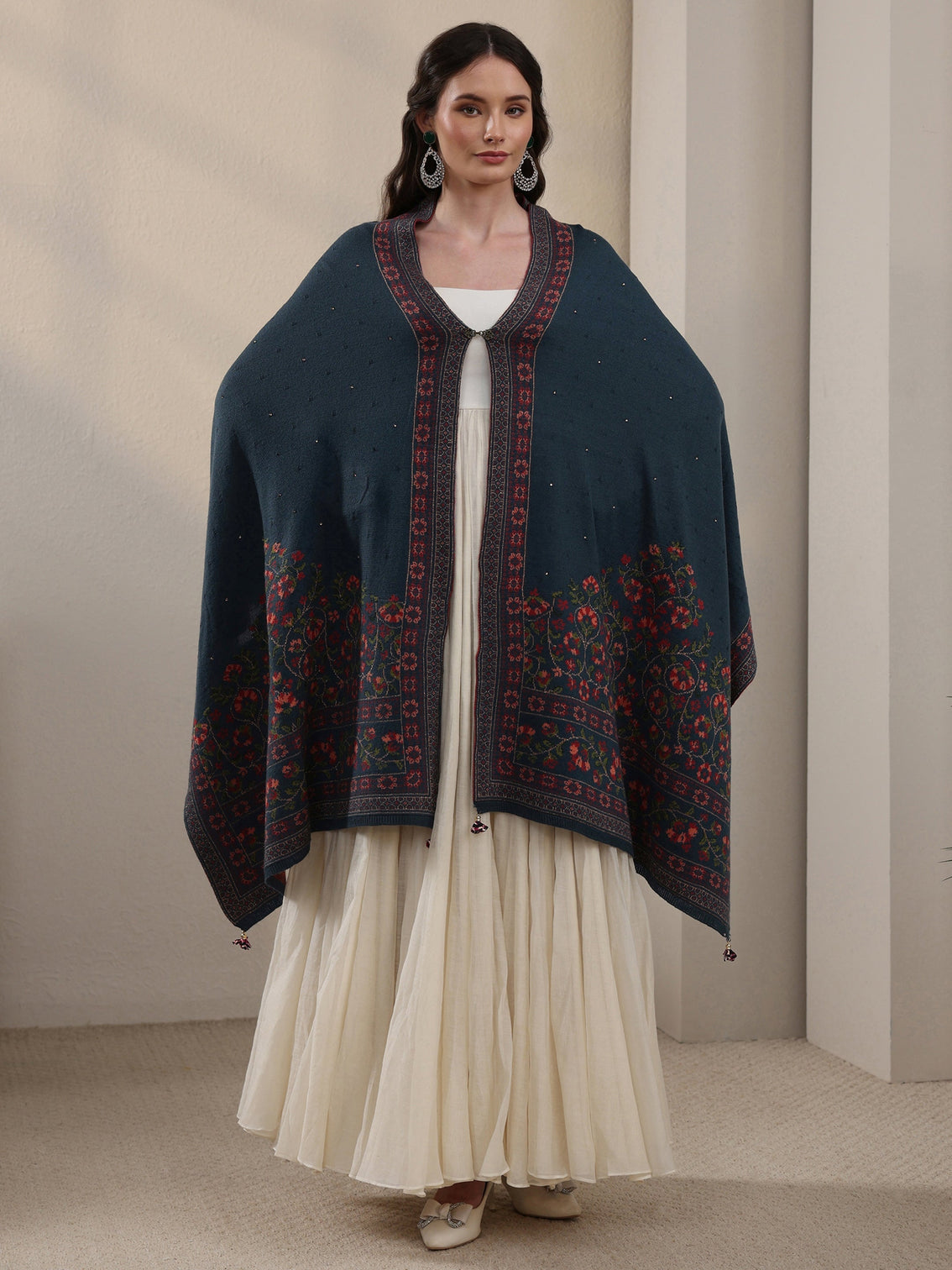Mameraa Deep Teal Blue Floral Knitted Acrylic Wrap Shawl