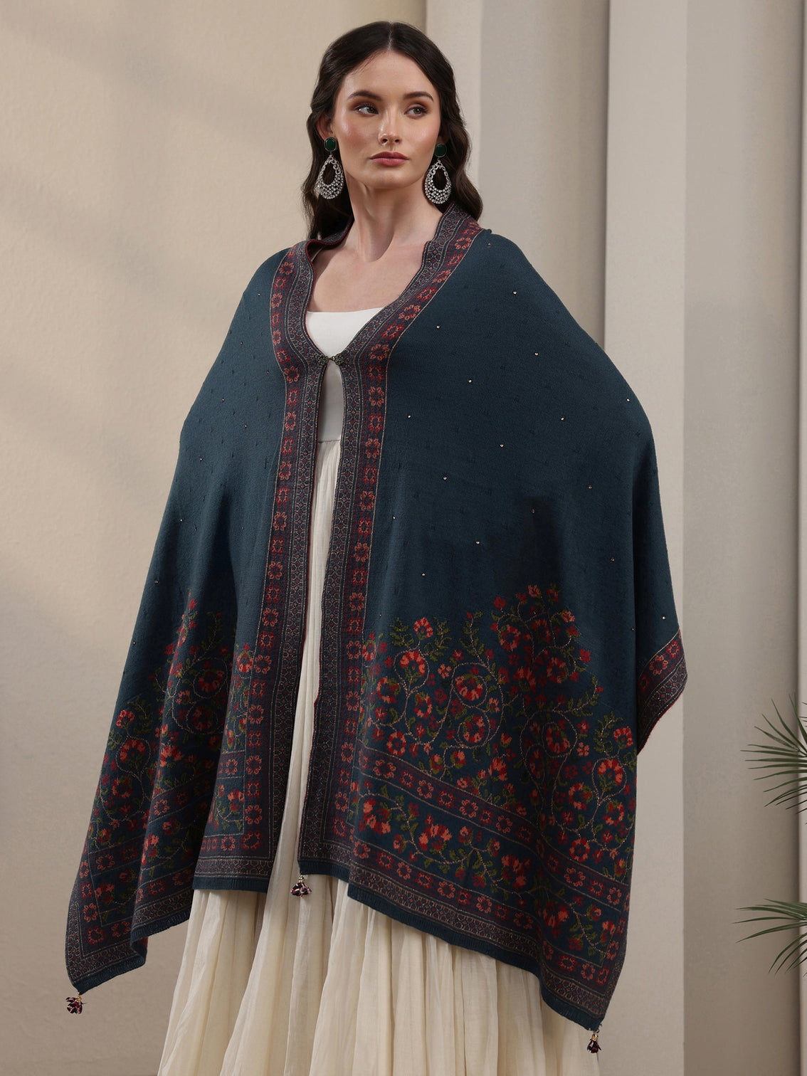 Mameraa Deep Teal Blue Floral Knitted Acrylic Wrap Shawl