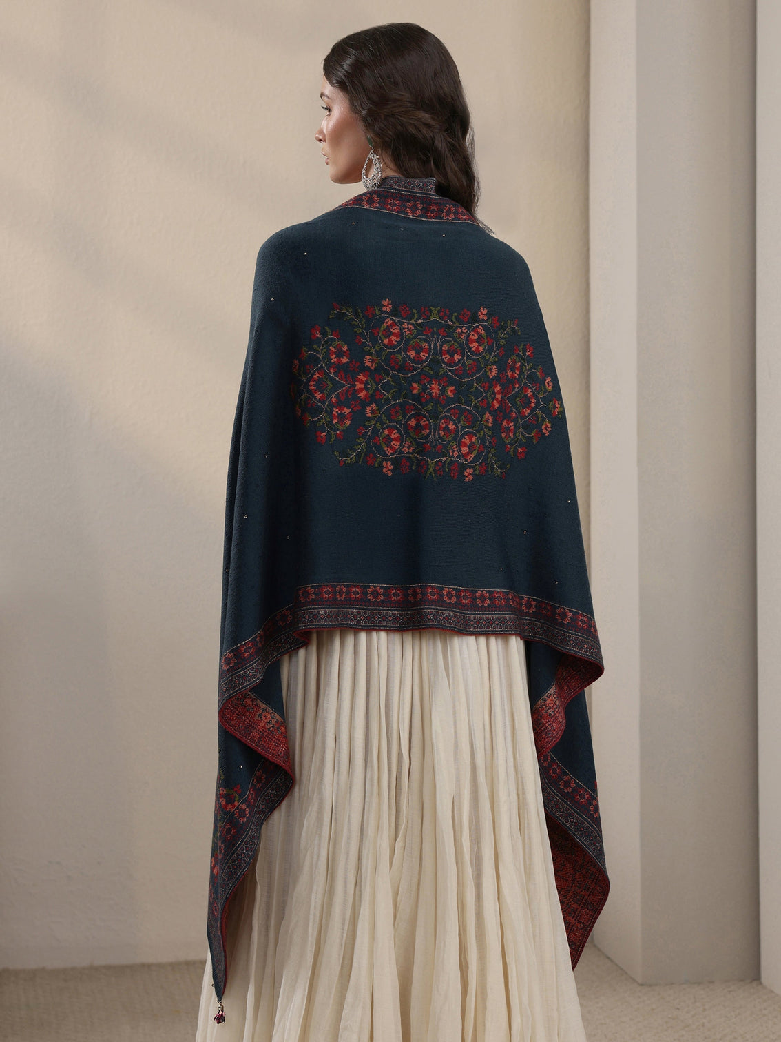 Mameraa Deep Teal Blue Floral Knitted Acrylic Wrap Shawl
