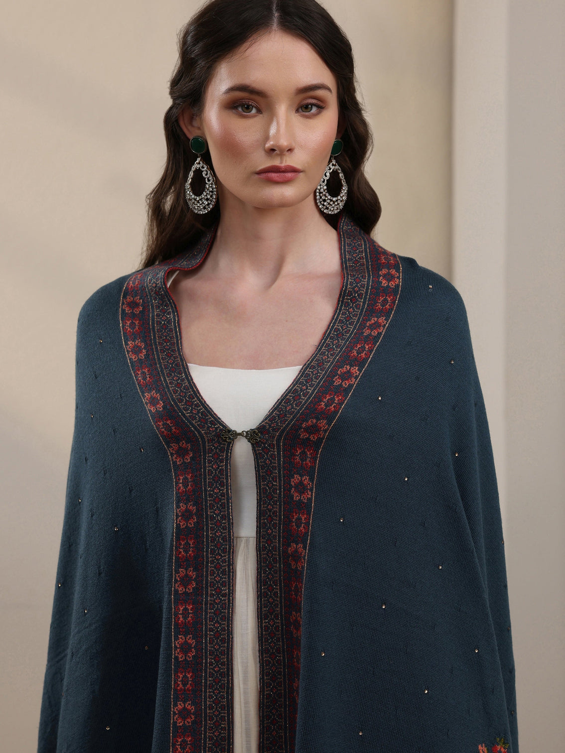 Mameraa Deep Teal Blue Floral Knitted Acrylic Wrap Shawl