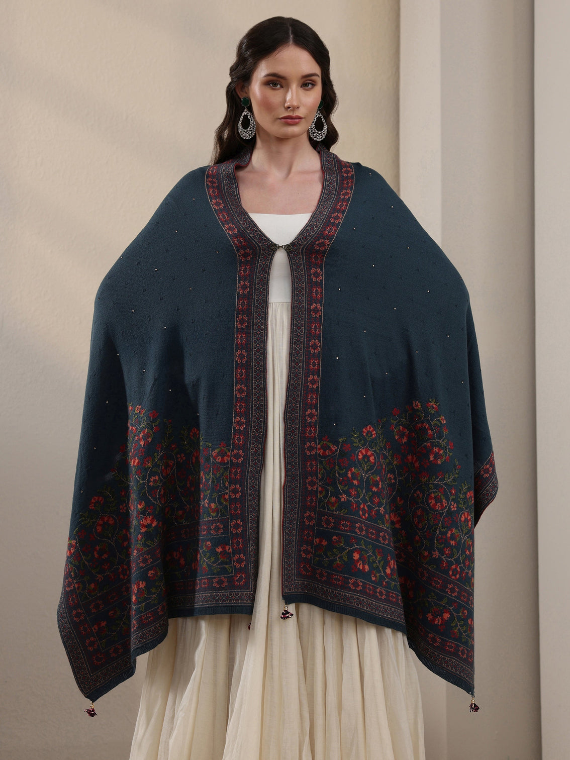 Mameraa Deep Teal Blue Floral Knitted Acrylic Wrap Shawl