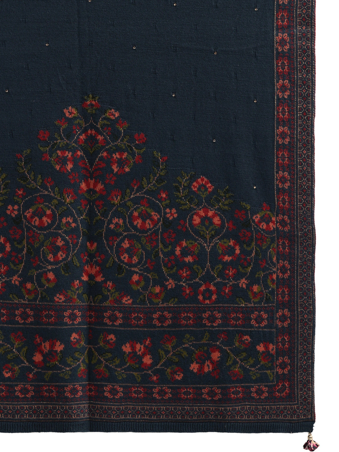 Mameraa Deep Teal Blue Floral Knitted Acrylic Wrap Shawl