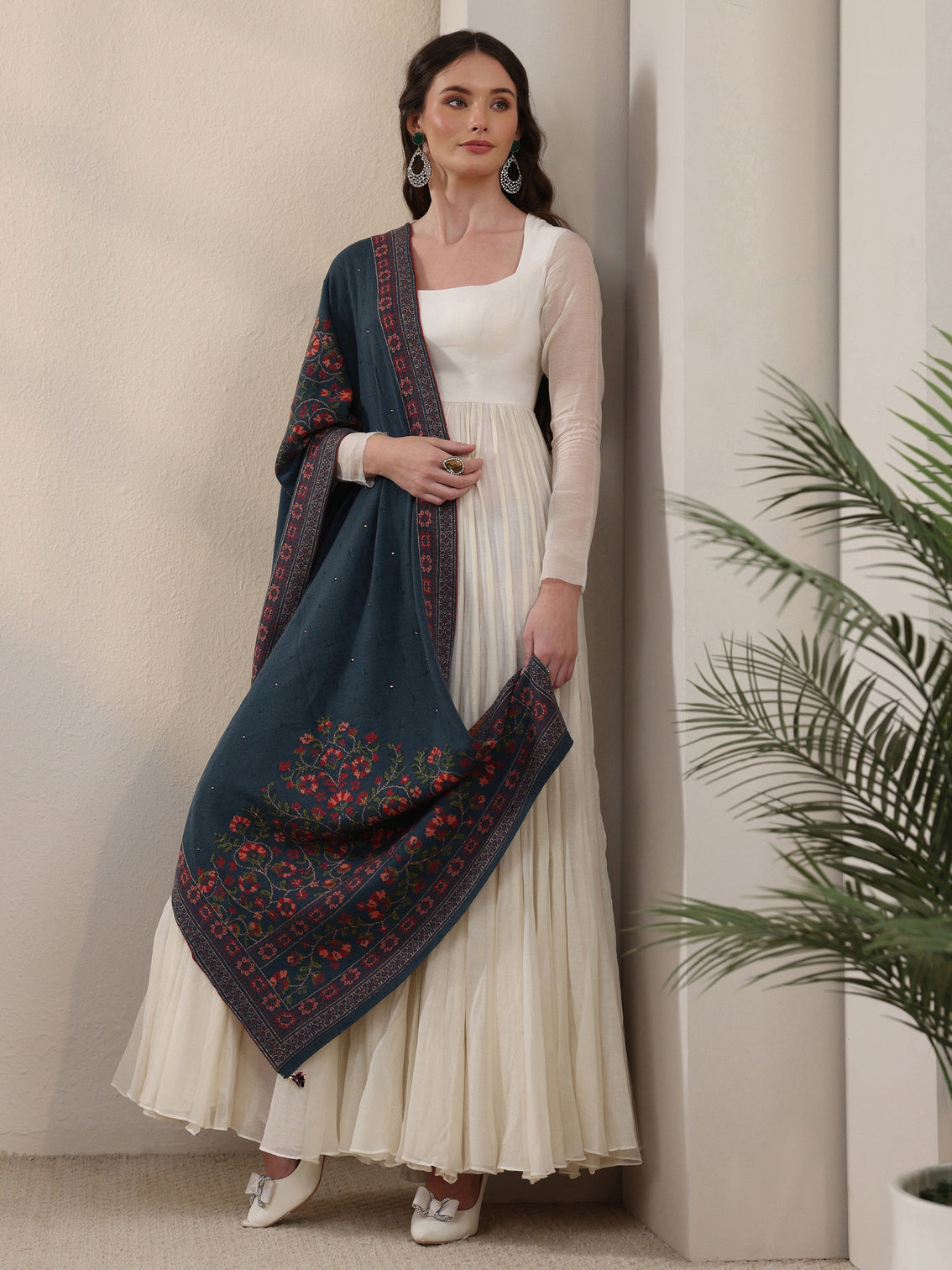 Mameraa Deep Teal Blue Floral Knitted Acrylic Wrap Shawl